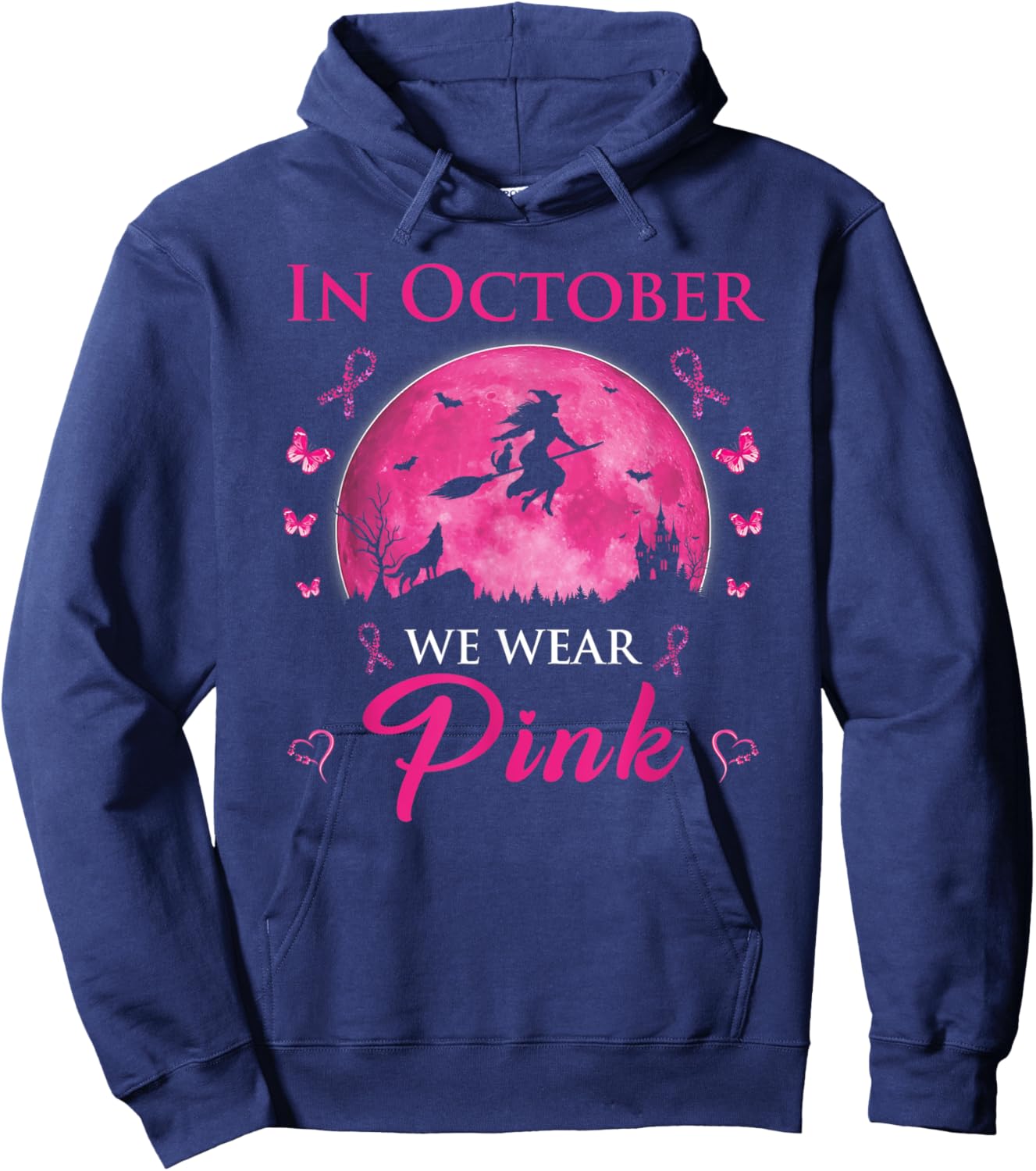 In October We Wear Pink Halloween Witch Breast Cancer Hoodie - Hoodie | Navy