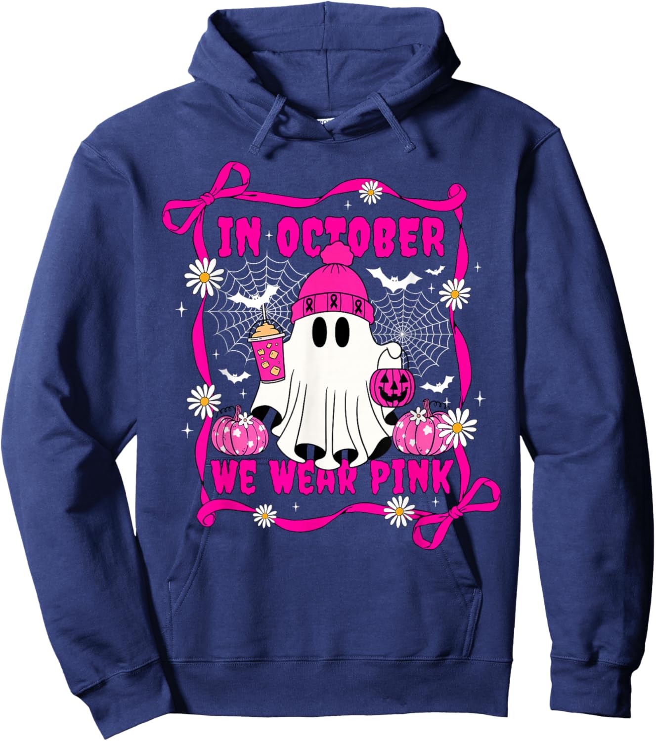 We Wear Pink in October Cute Ghost Breast Cancer Awareness Hoodie - Hoodie | Navy