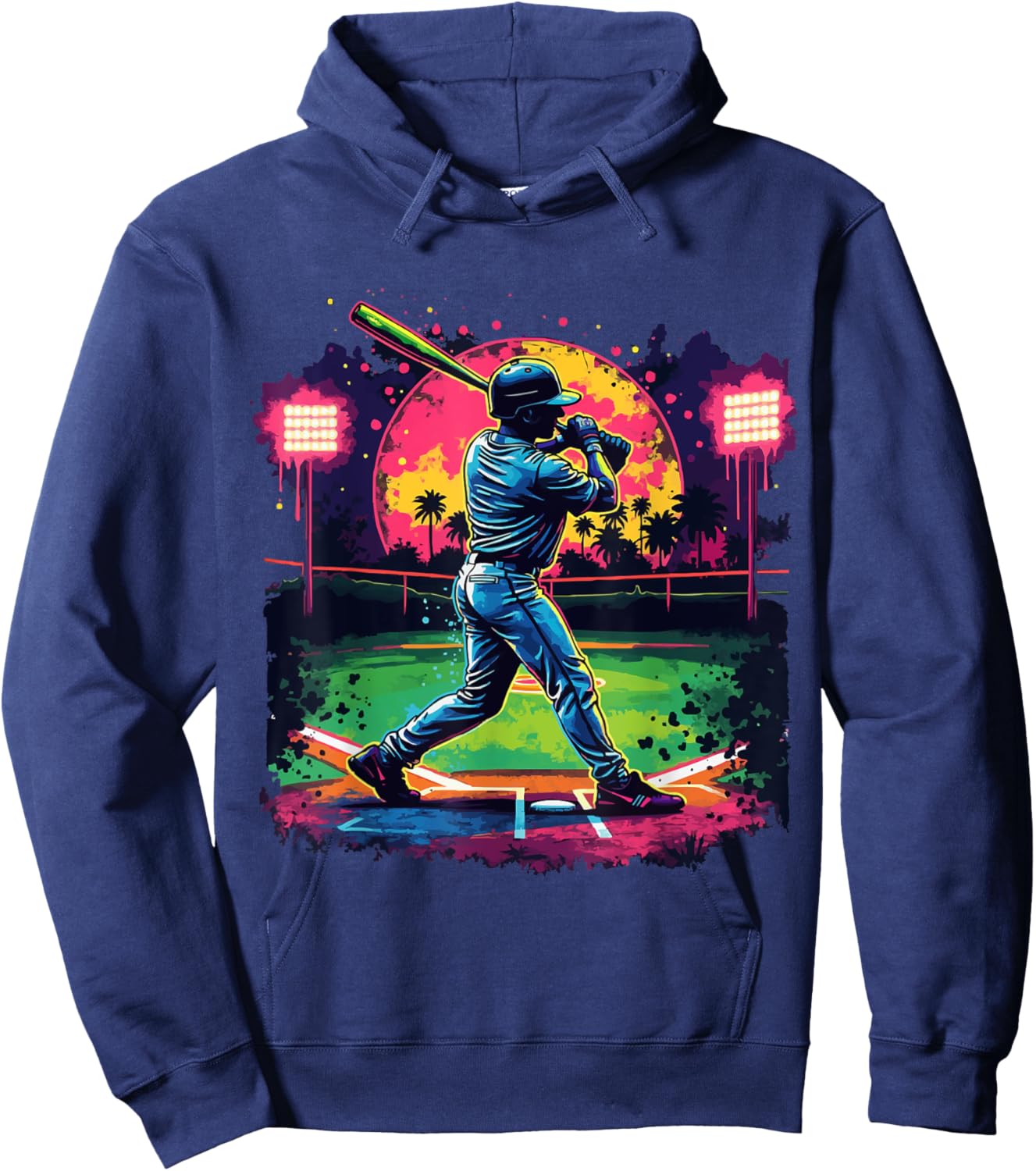 Baseball Batter Art with Retro Sunset and Palm Trees Hoodie - Hoodie | Navy