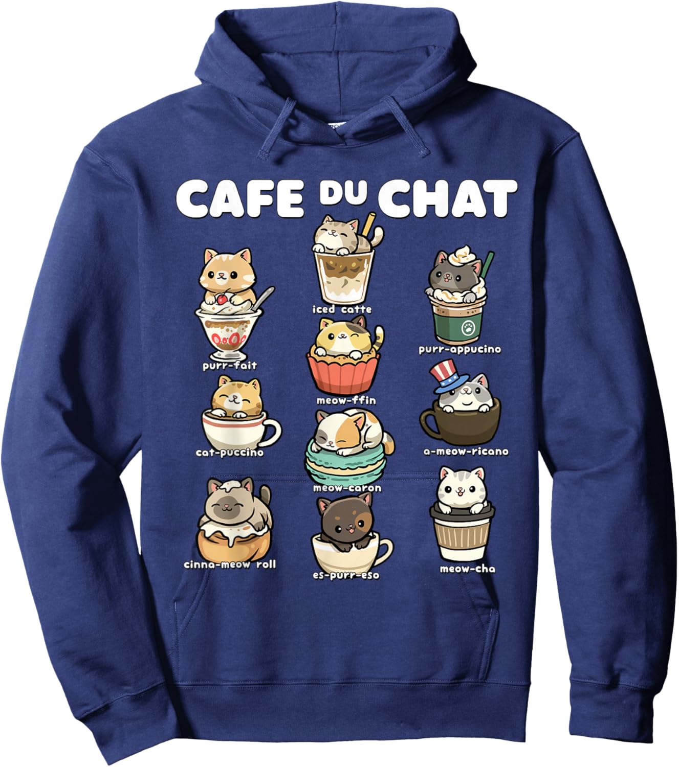 Cafe du Chat Cute Coffee Cats Kawaii Pun Hoodie - Hoodie | Navy
