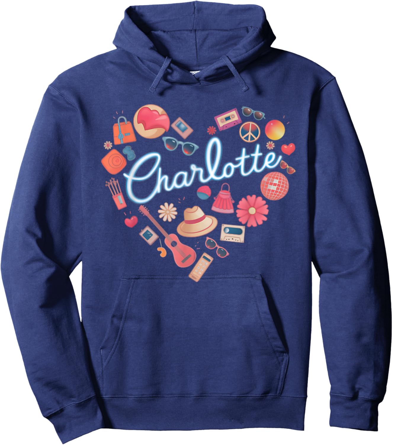 Girl Retro Charlotte First Name Personalized Heart Hoodie - Hoodie | Navy