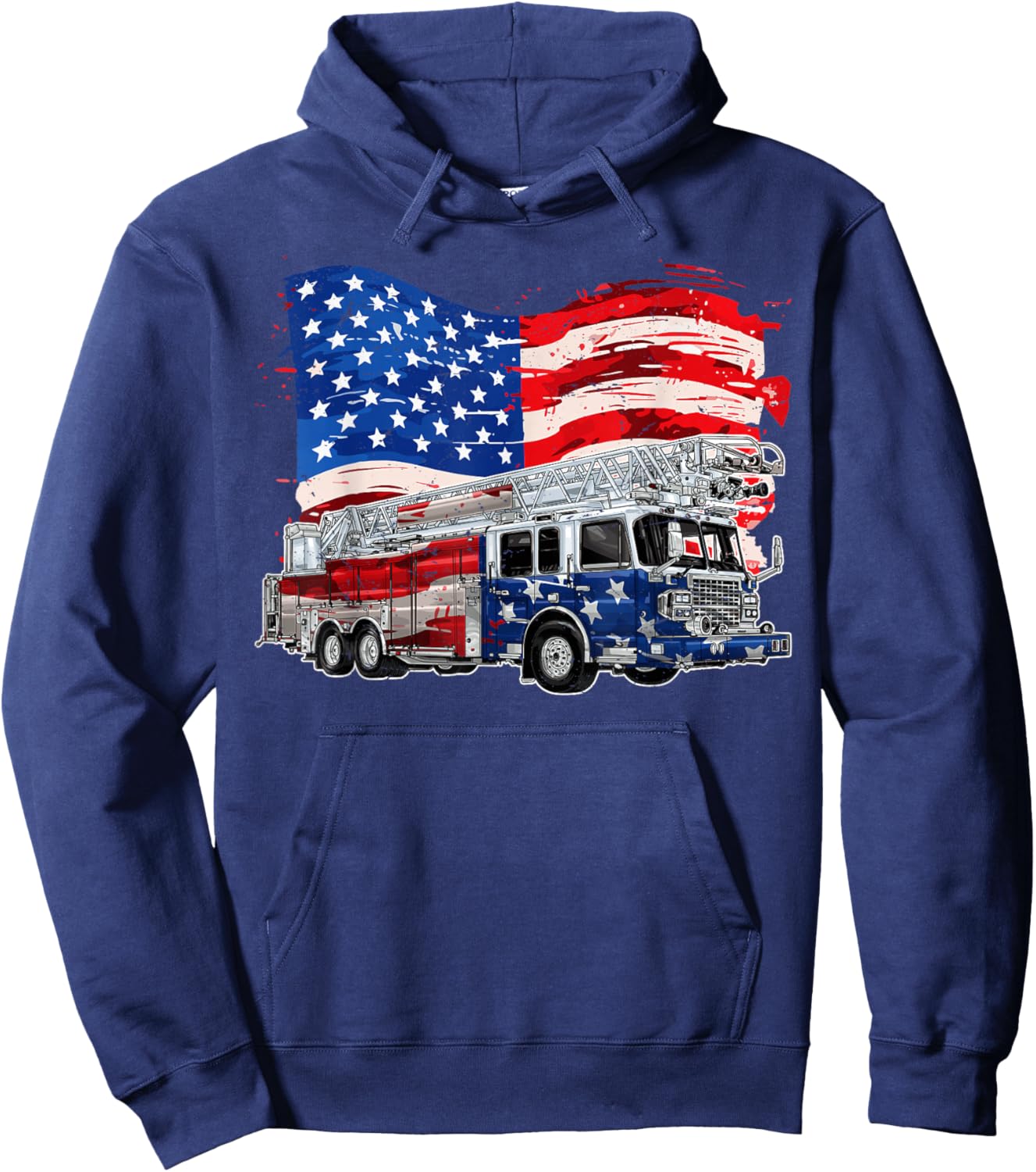 Retro Fire Truck Firefighter Fireman USA Flag 4th of July Hoodie - Hoodie | Navy