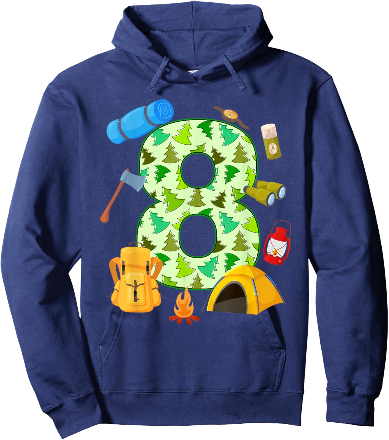 8th Birthday Camping Theme 8 Year Old Birthday Kids Hoodie - Hoodie | Navy