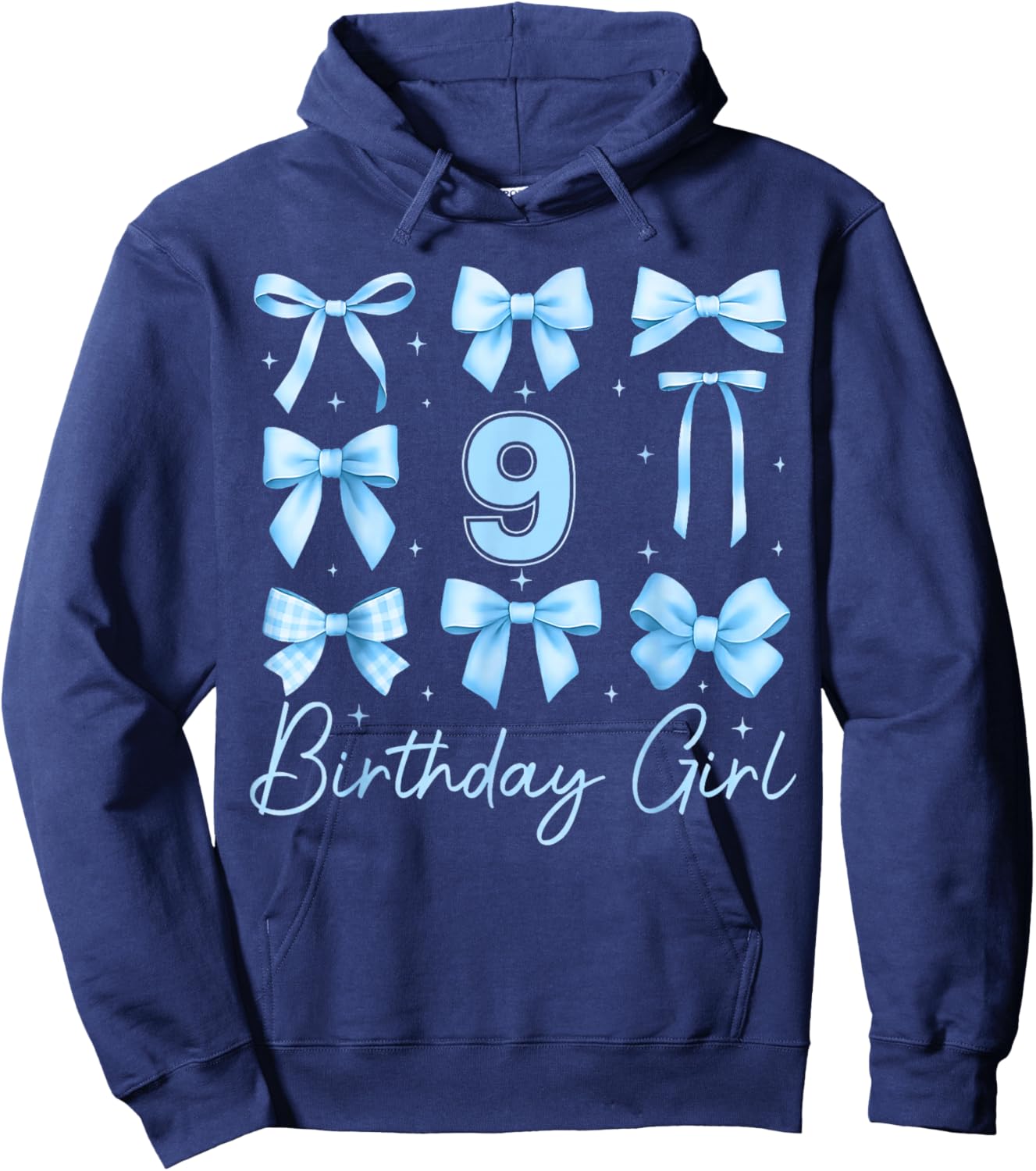 Cute 9th Birthday Girl Blue Coquette Bow 9 Year Old Hoodie - Hoodie | Navy