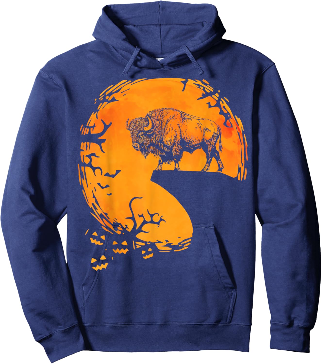 Funny Buffalo Halloween Moon Silhouette Spooky Bison Lover Hoodie - Hoodie | Navy