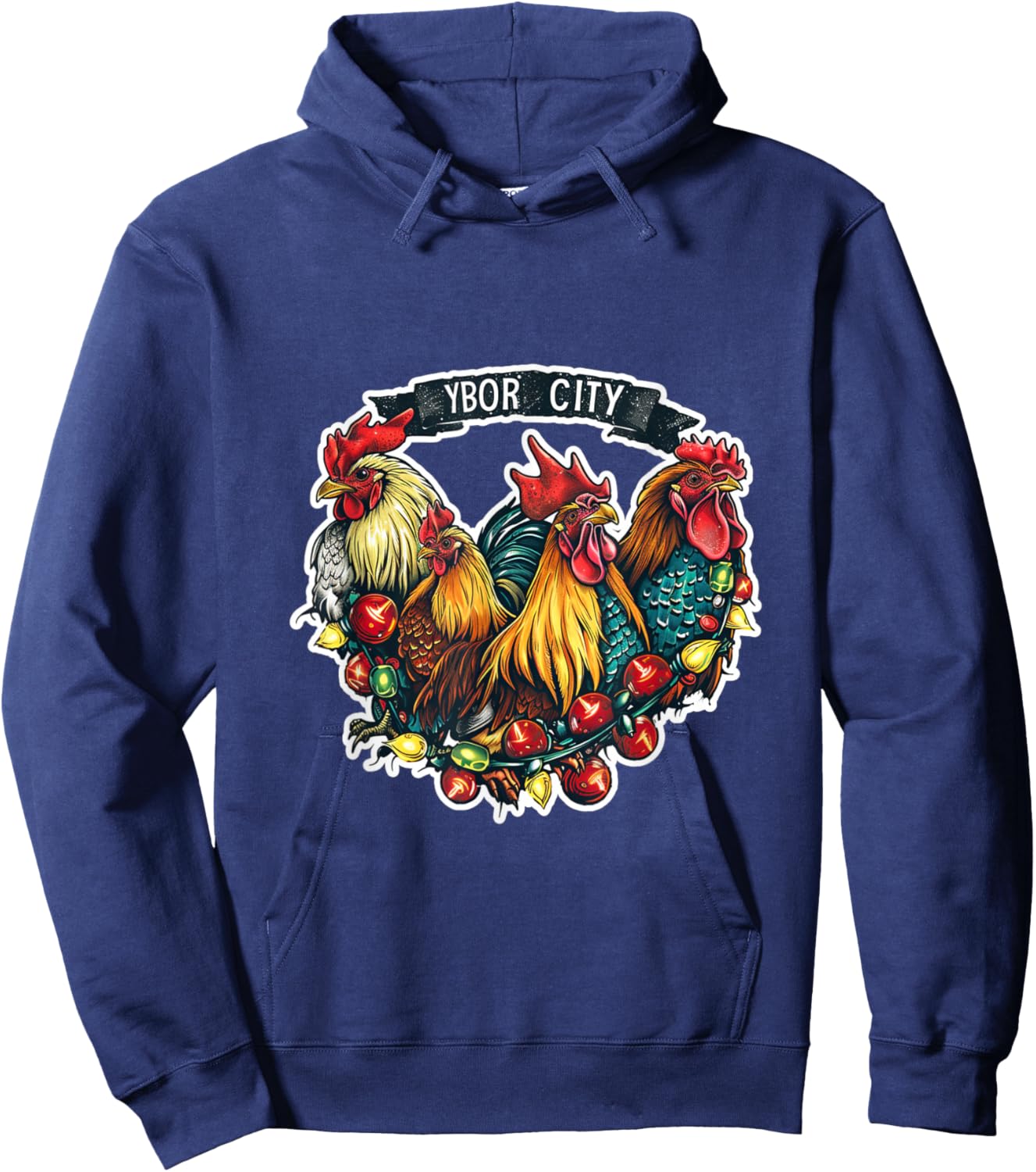 Ybor City Tampa Florida Chickens Roosters Christmas Lights Hoodie - Hoodie | Navy