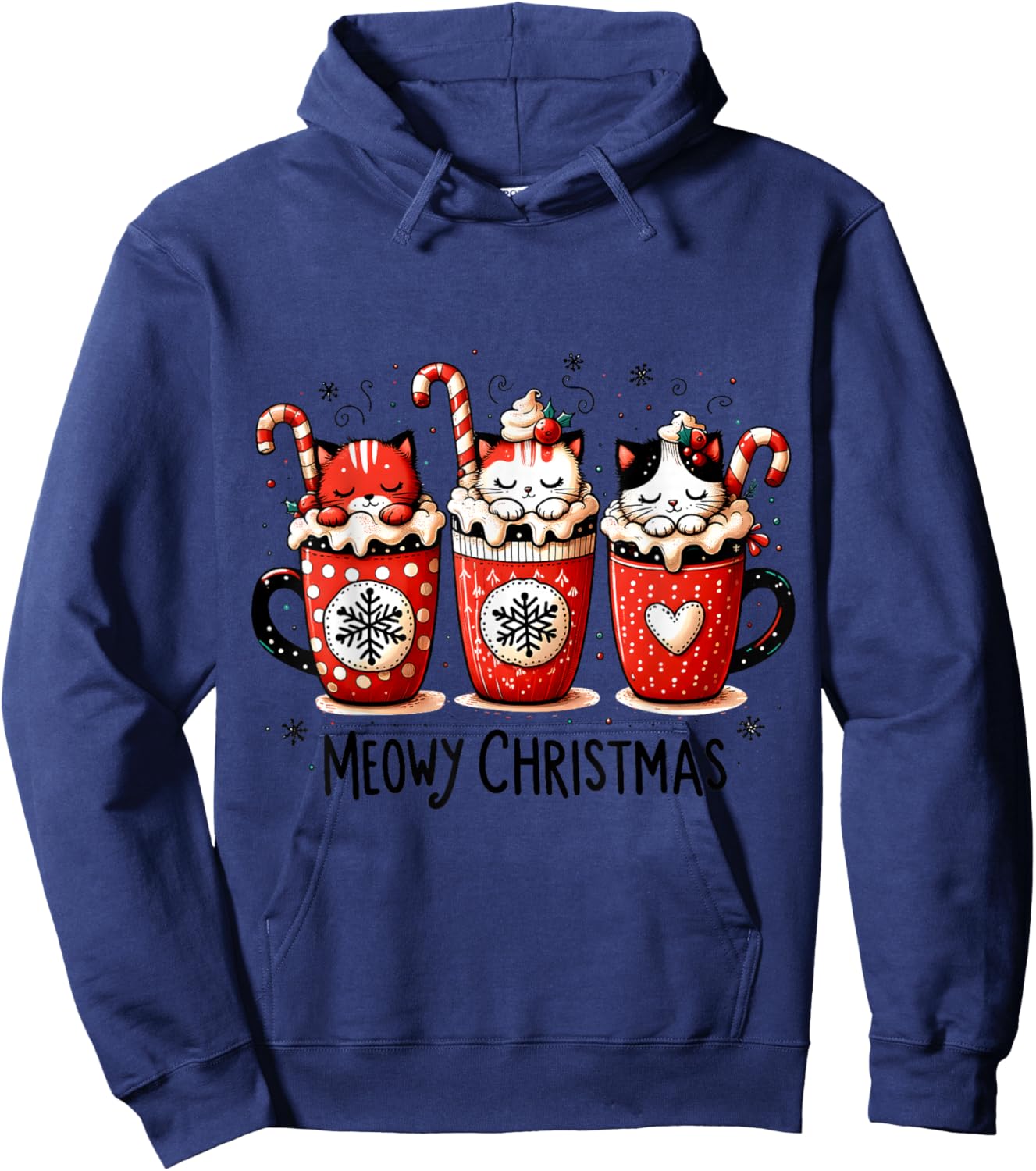 Meowy Christmas Cute Cats and Coffee Merry Xmas Graphic Hoodie - Hoodie | Navy