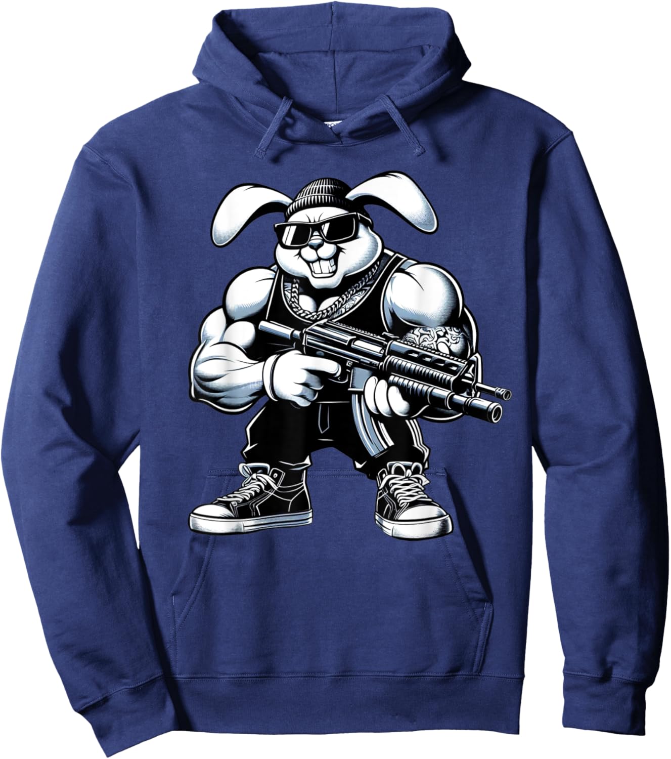 Thug Bunny Holding Gun Muscles Gangster Rabbit Lovers Art Hoodie - Hoodie | Navy