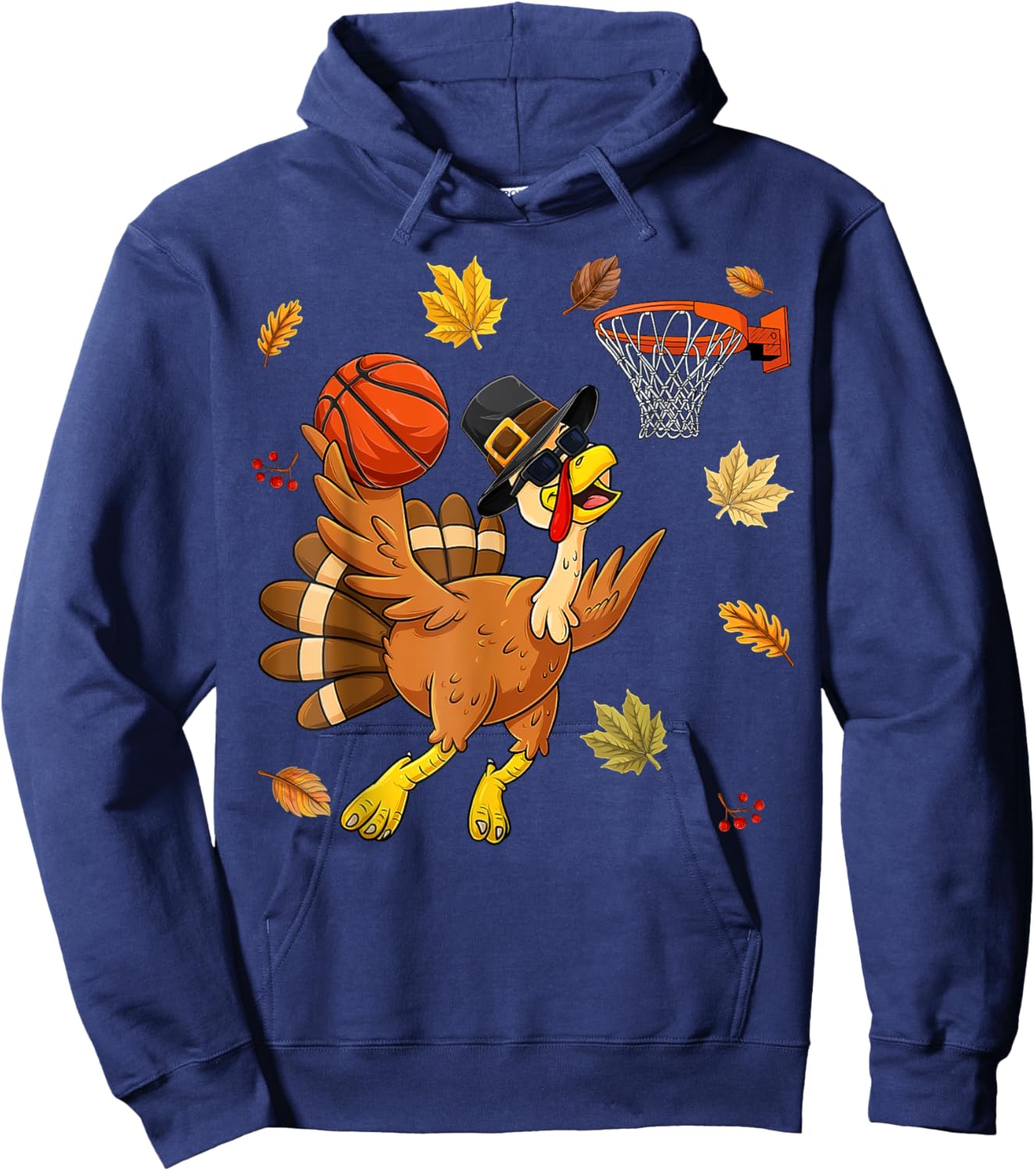 Funny Turkey Playing Basketball Happy Thanksgiving Boys Kids Hoodie - Hoodie | Navy