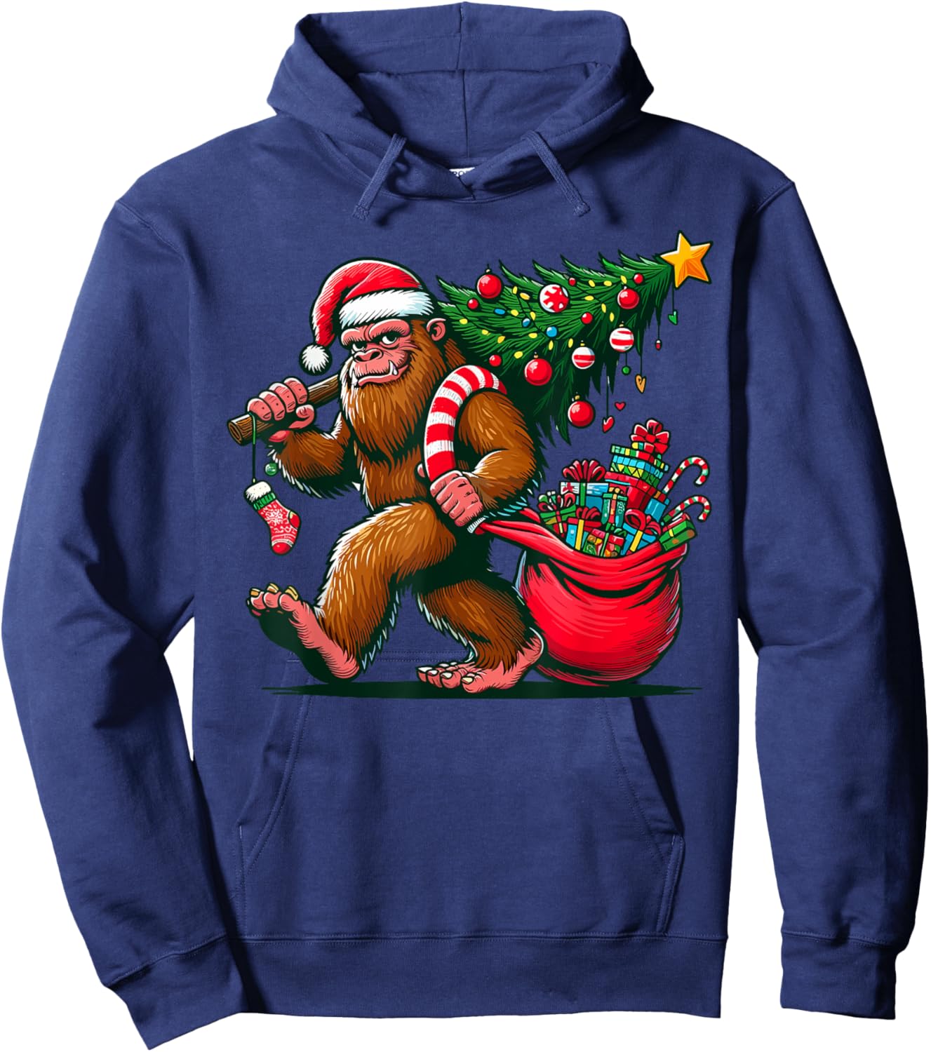 Bigfoot Christmas Tree Lights Xmas Sasquatch - -Adults, Kids - Blue - Small - Short Sleeve - - Cartoon Pattern - Winter Hoodie - Hoodie | Navy