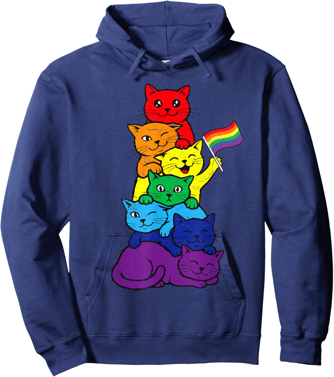 Cat Stack Rainbow Lesbian Gay Pride Ally LGBT Men Women Kids Hoodie - Hoodie | Navy