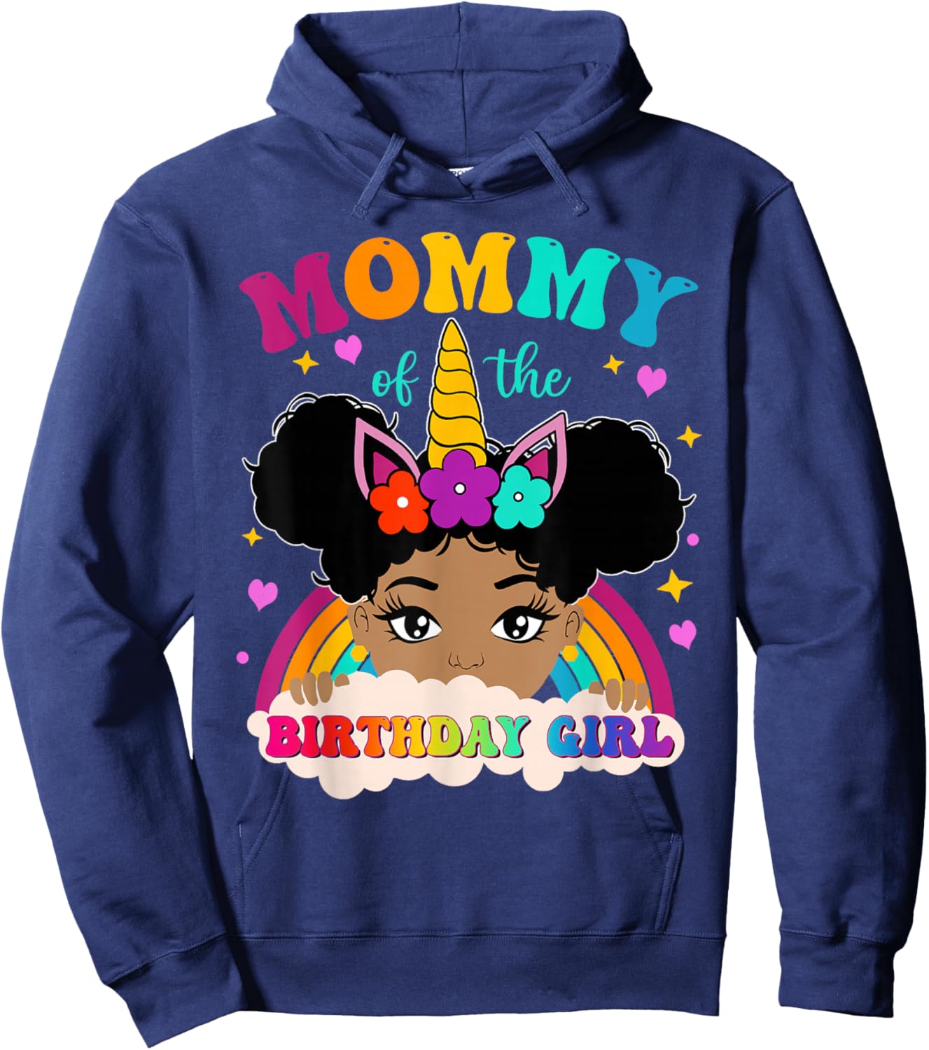 Mommy of The Birthday Girl Rainbow Afro Melanin Unicorn Hoodie - Hoodie | Navy