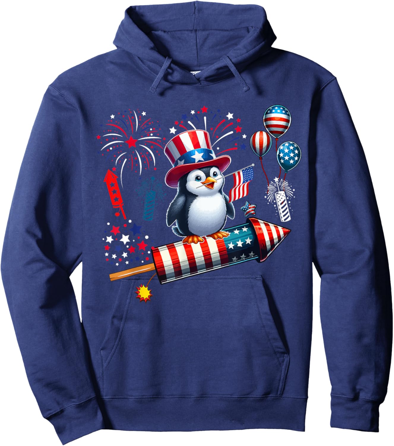 Penguin Riding Firecracker 4th Of July Bird Proud Flag Hoodie - Hoodie | Navy