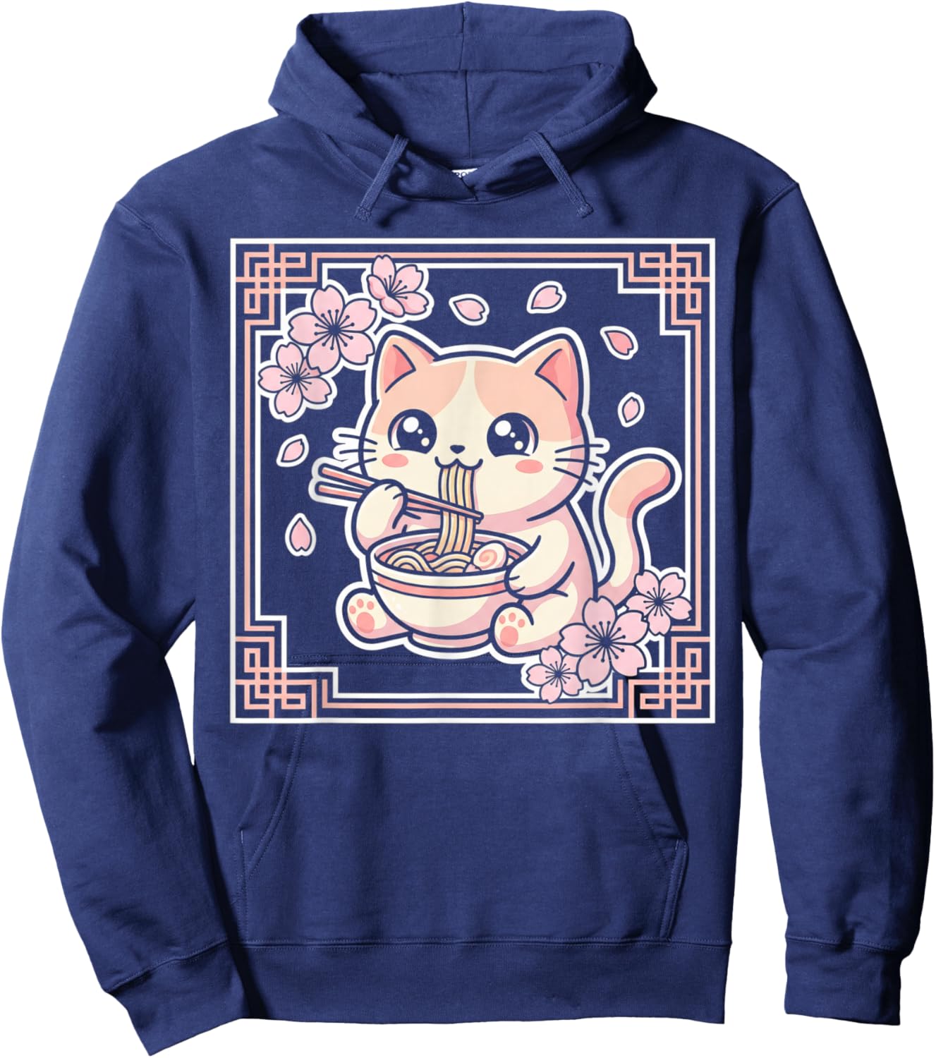 Kawaii Cat Ramen Anime Japanese Cherry Blossom Women Girls Hoodie - Hoodie | Navy