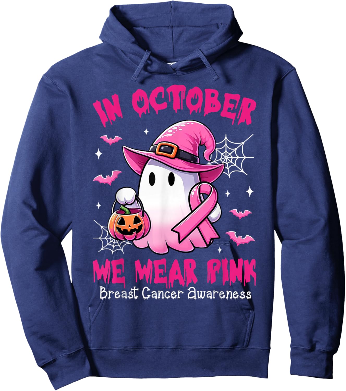 In October We Wear Pink Ghost Witch Breast Cancer Awareness Hoodie - Hoodie | Navy
