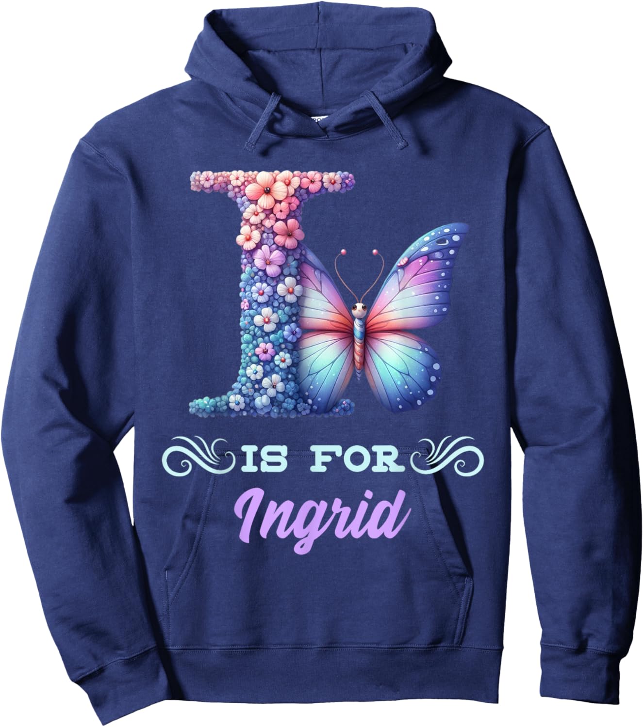 I Is For Ingrid Girly Butterfly And Flower Initial Name Hoodie - Hoodie | Navy