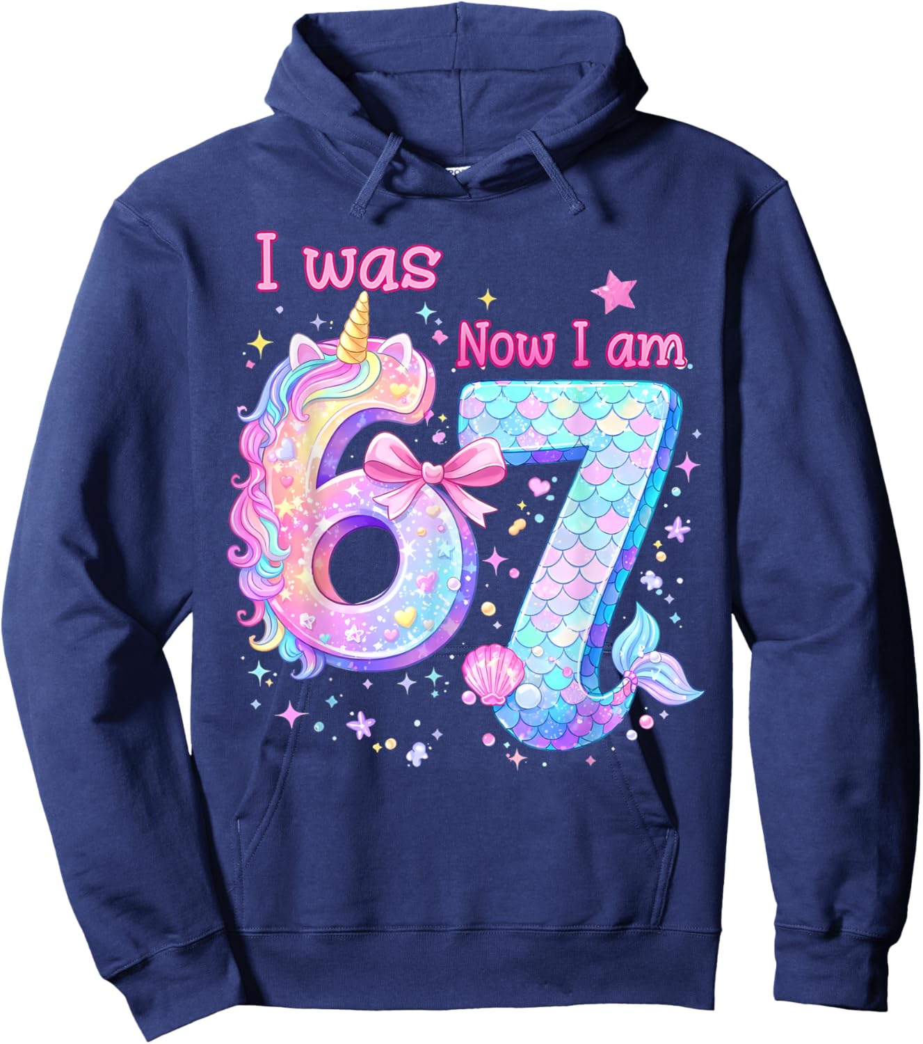 I was 6 Now I'm 7 Mermaid Unicorn Coquette Bow Birthday Girl Hoodie - Hoodie | Navy
