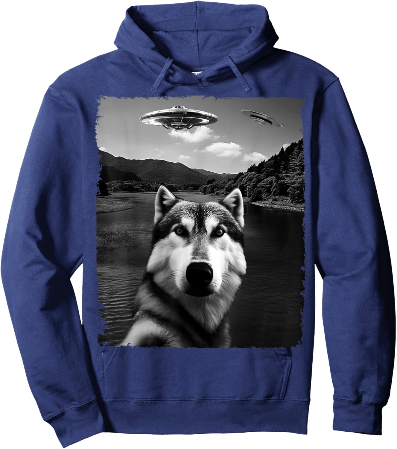 Dog Husky Selfie with Alien and Ufo Women Kids Hoodie - Hoodie | Navy