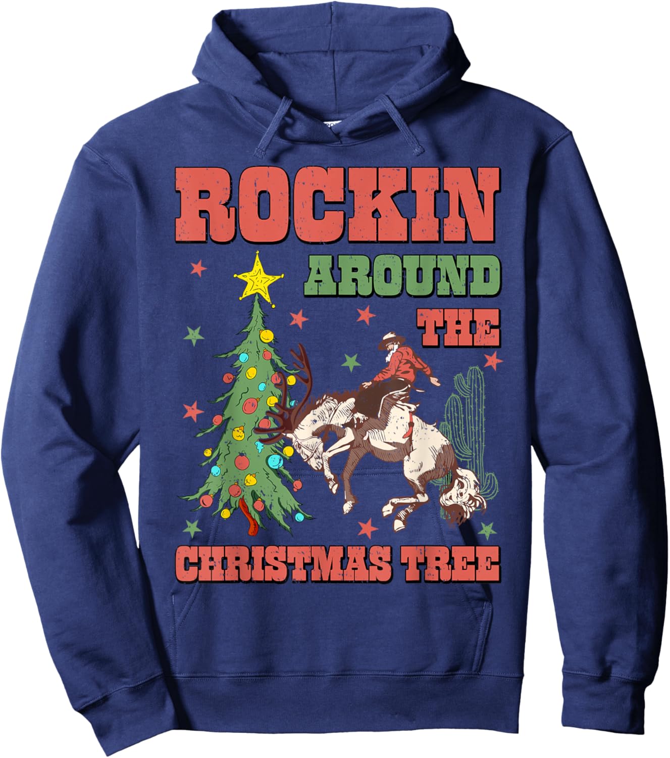 Rocking Around The Christmas Tree Cowboy Riding Horse Xmas Hoodie - Hoodie | Navy