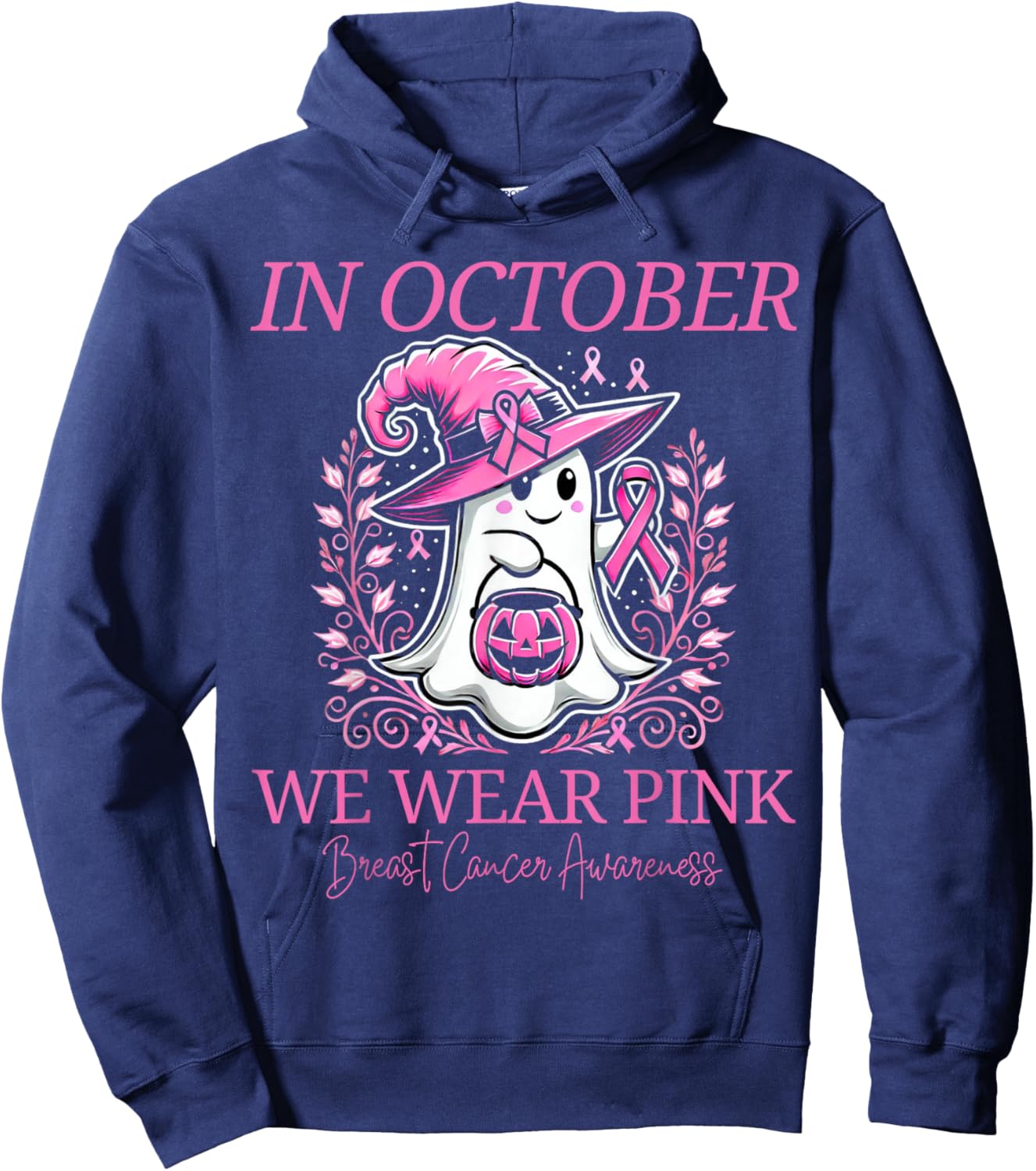 Pink Ghost October Breast Cancer Awareness Halloween Hoodie - Hoodie | Navy