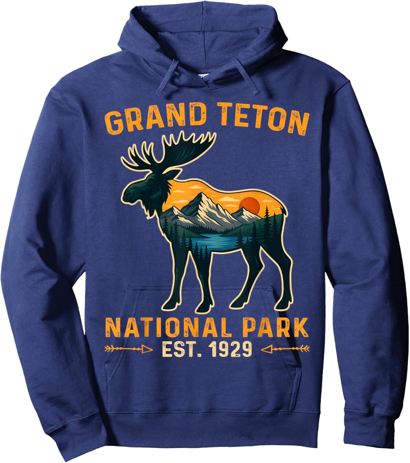 Vintage Grand Teton National Park Moose Hiking Vacation Hoodie - Hoodie | Navy