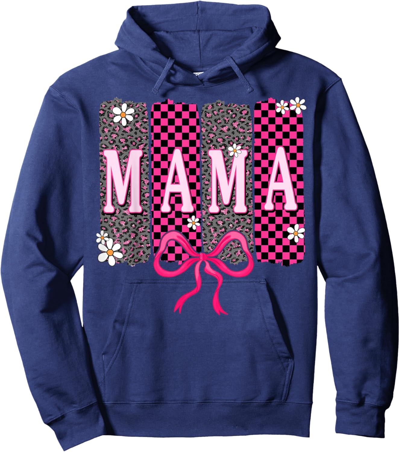 Checkered Mama Coquette Bow Mama Flower Mother's Day Leopard Hoodie - Hoodie | Navy