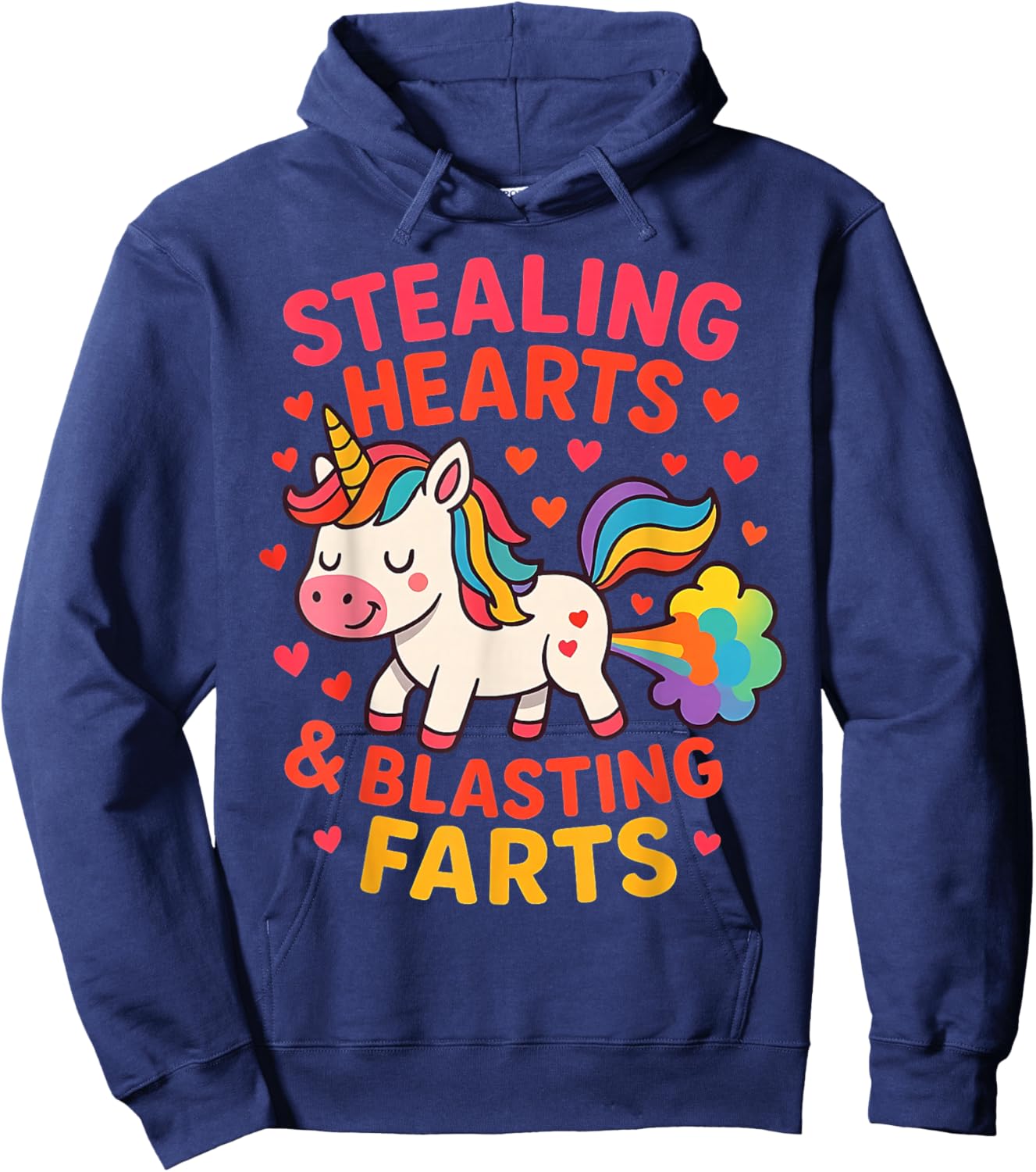 Funny Cute Unicorn Stealing Hearts Blasting Farts Design Hoodie - Hoodie | Navy