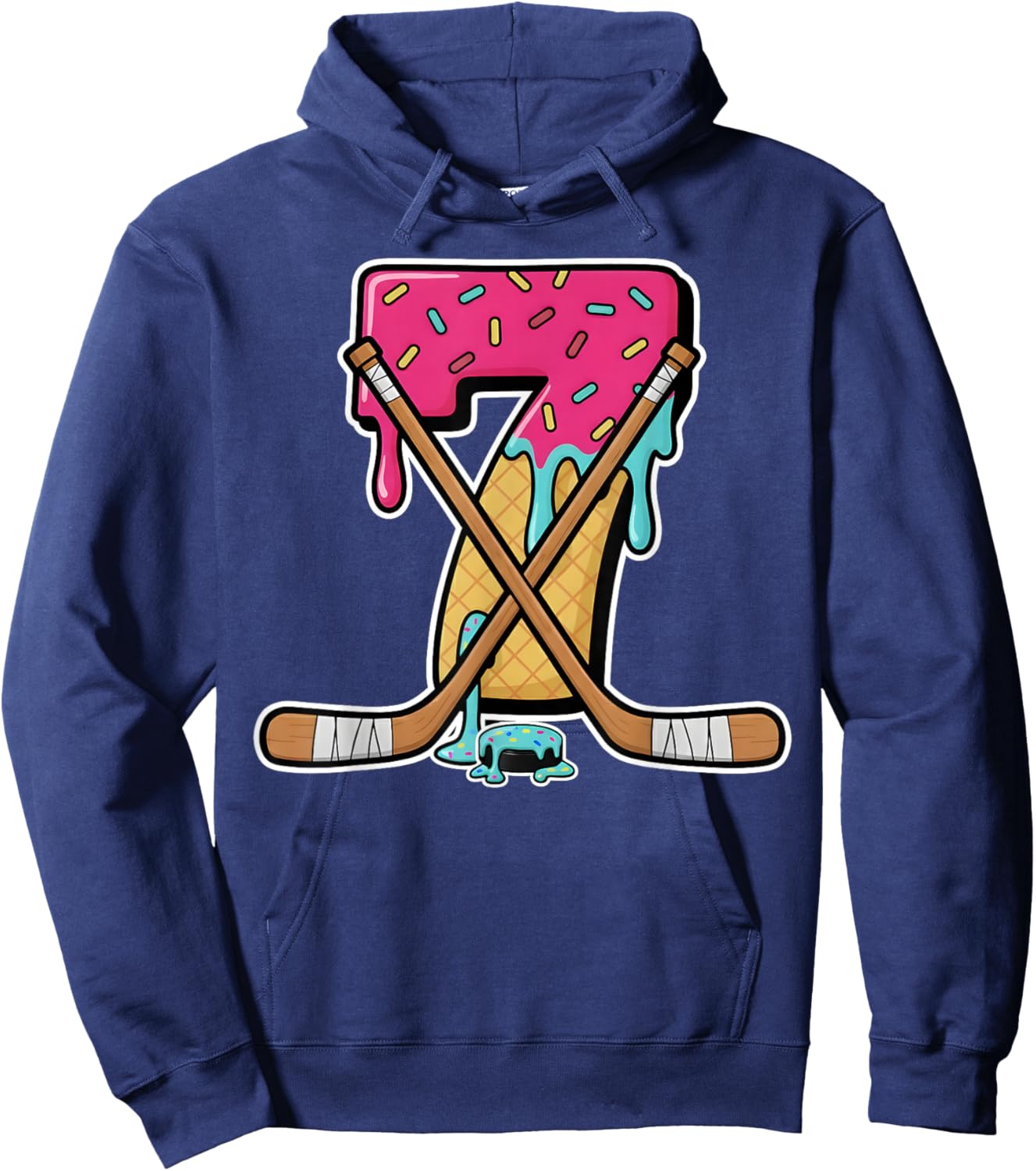 7 Year Old Hockey Ice Cream Drip Youth 7th Birthday Boys Hoodie - Hoodie | Navy