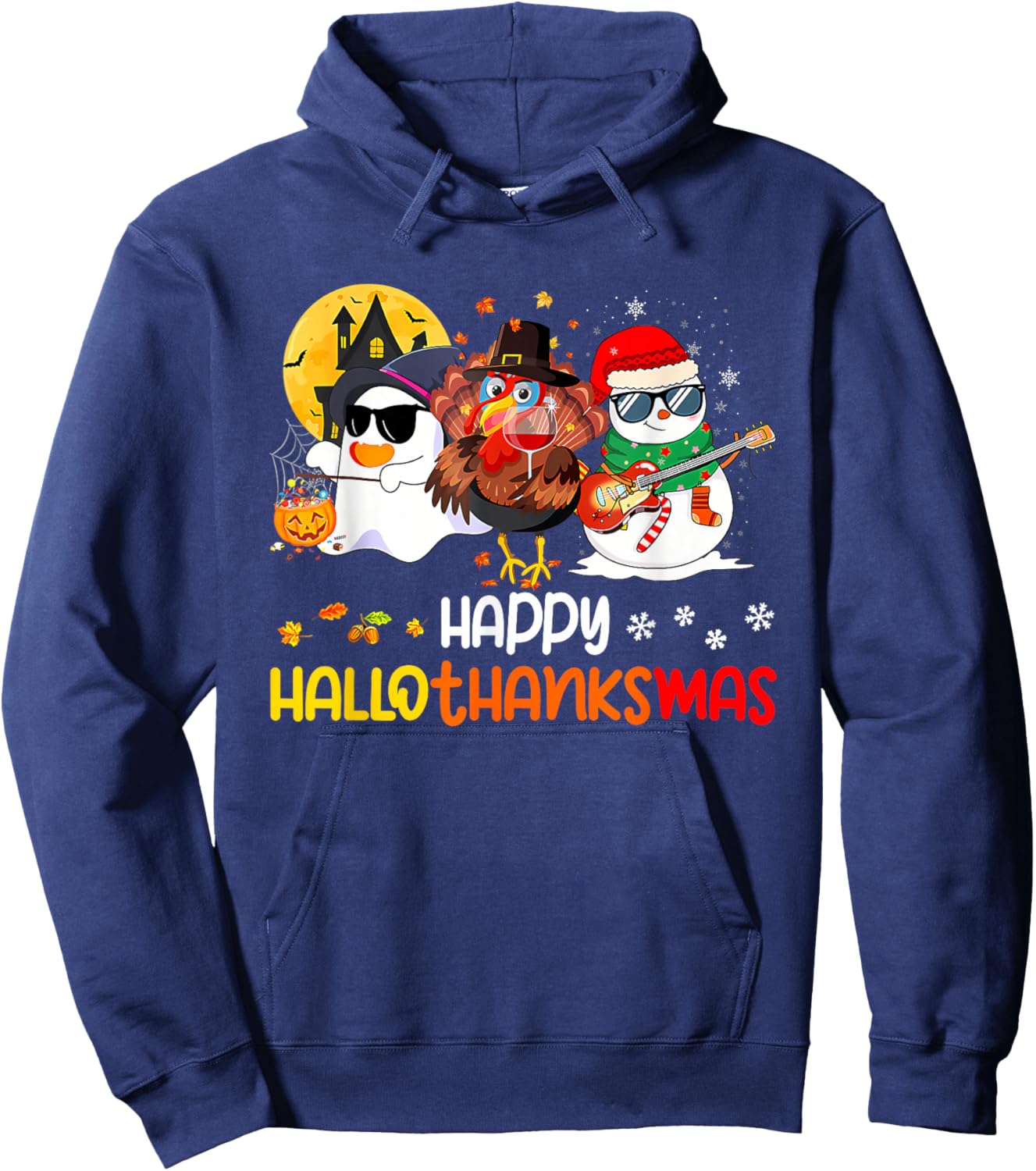 Happy Hallothanksmas Cute Ghost Halloween Thanksgiving Xmas Hoodie - Hoodie | Navy