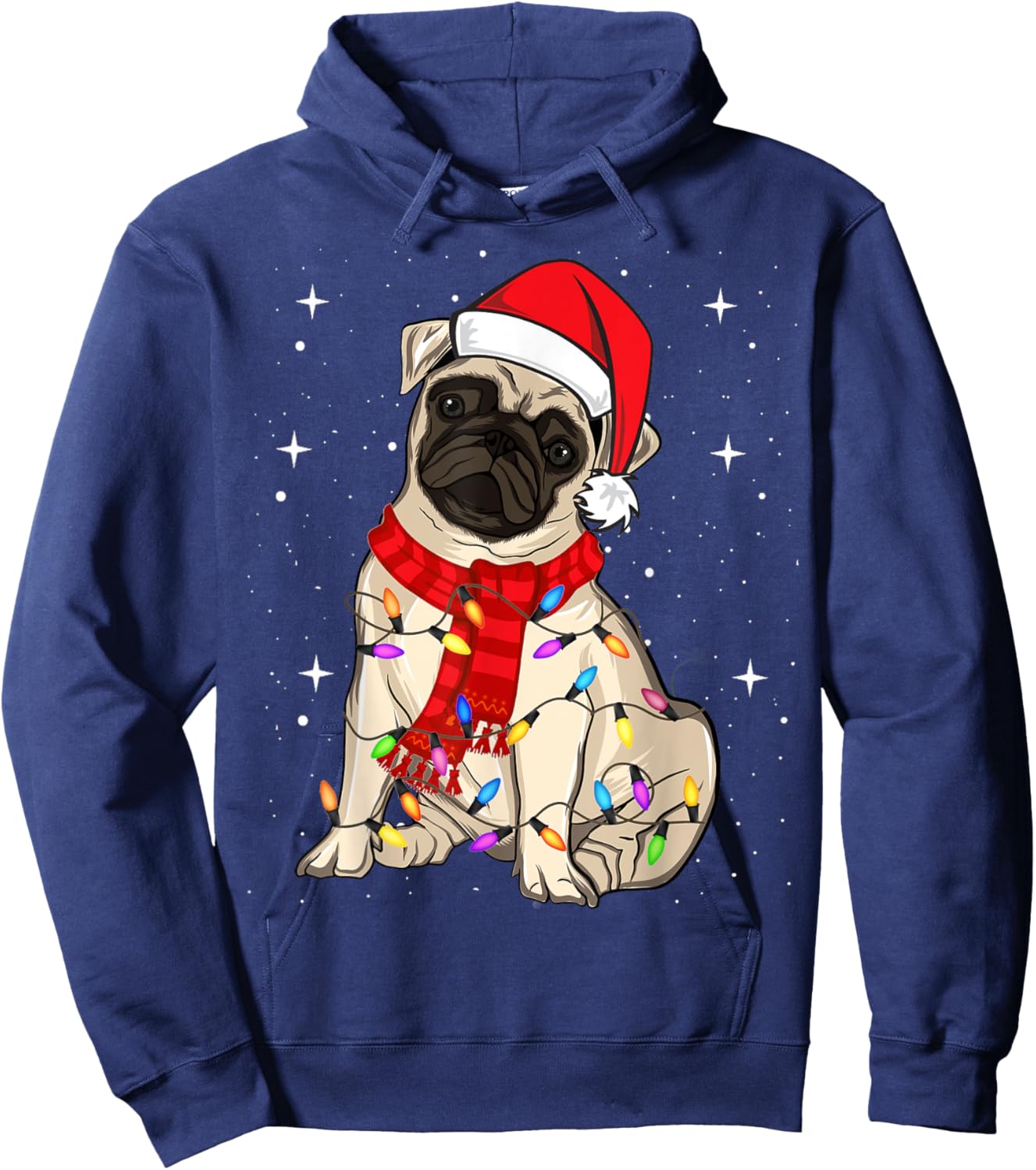 Pug Dogs Christmas Light Santa Hat Puggy Lover Xmas Hoodie - Hoodie | Navy