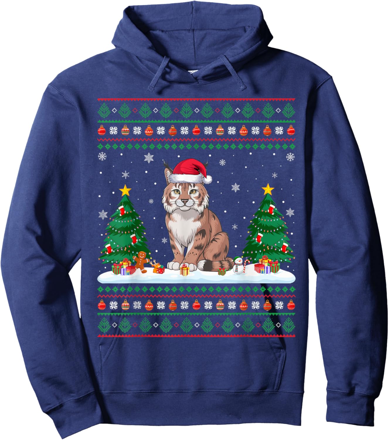 Christmas Tree Lights Bobcat Santa Ugly Xmas Sweater Men Women Kids Hoodie - Hoodie | Navy