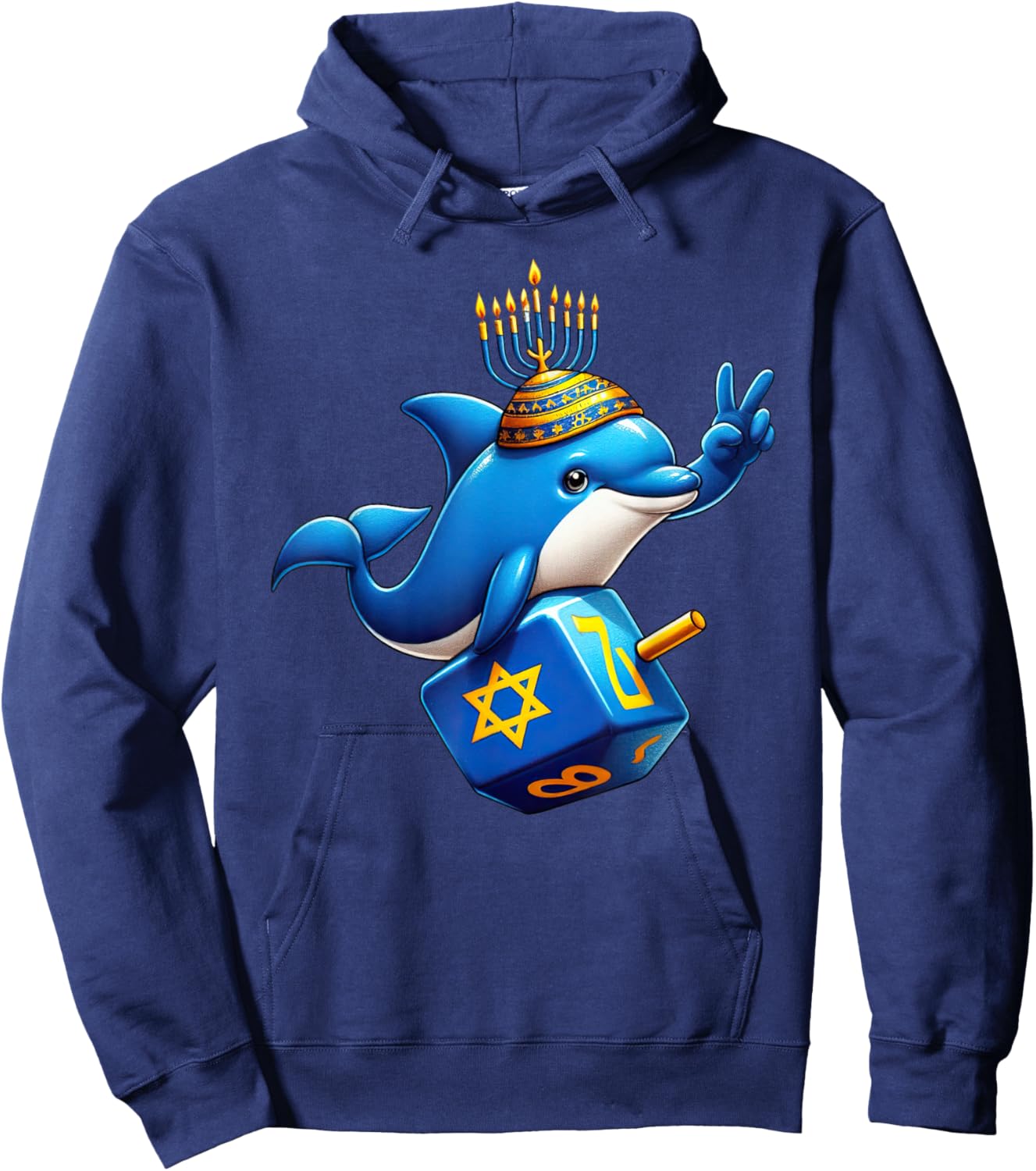 Dolphin Menorah Dreidel Jewish Hanukkah Kids Hoodie - Hoodie | Navy