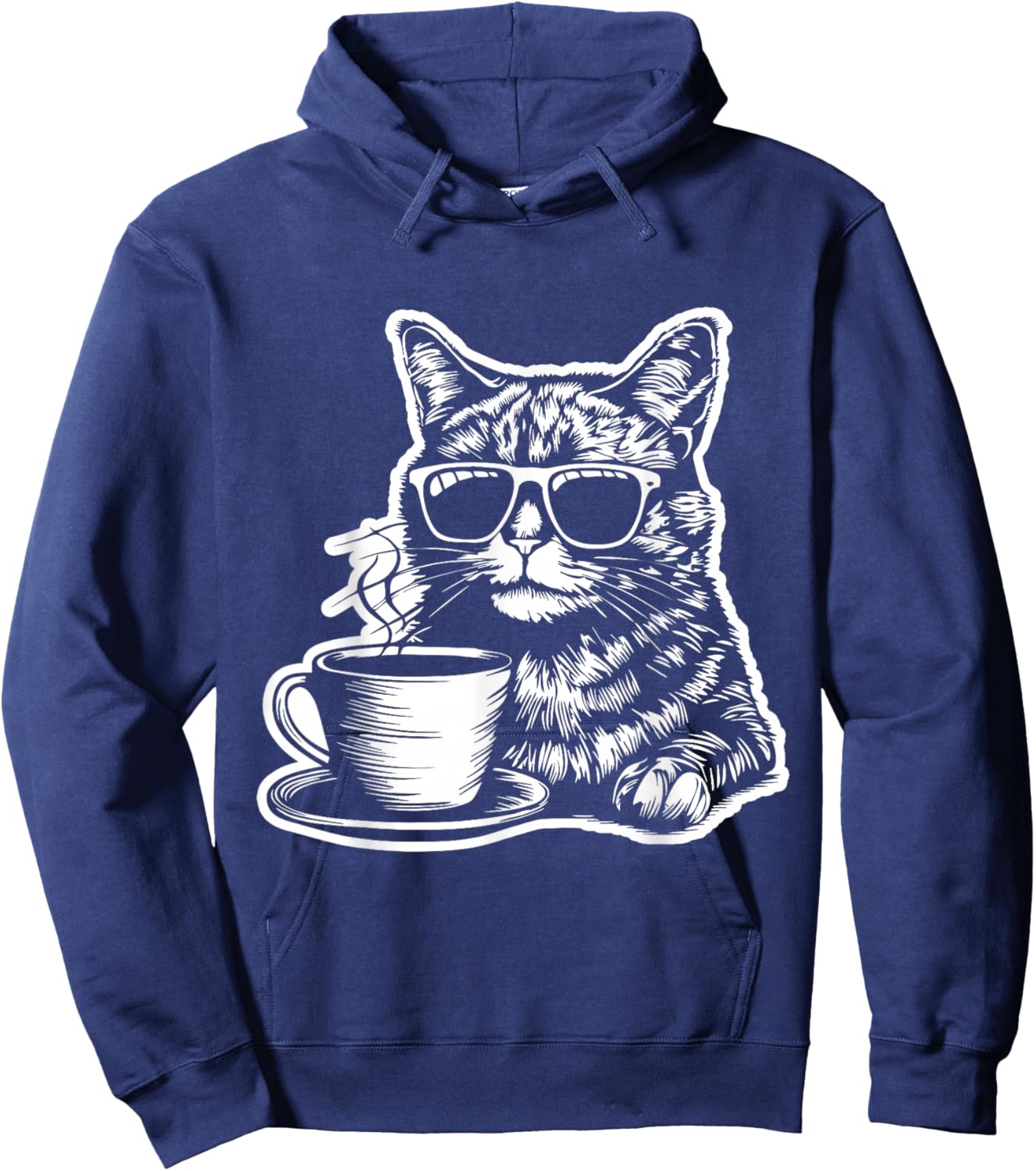 Cat Drinking Coffee Fun and Quirky Art Design Women Kids Hoodie - Hoodie | Navy