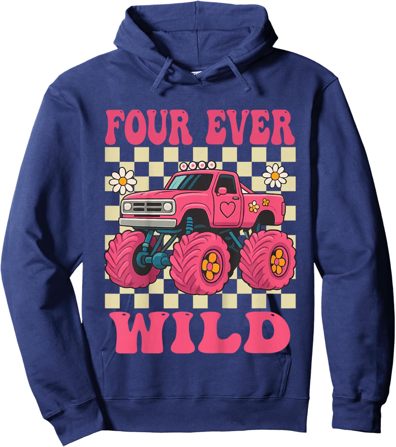 Funny Four Ever Wild 4th Birthday Kids Monster Truck Hoodie - Hoodie | Navy