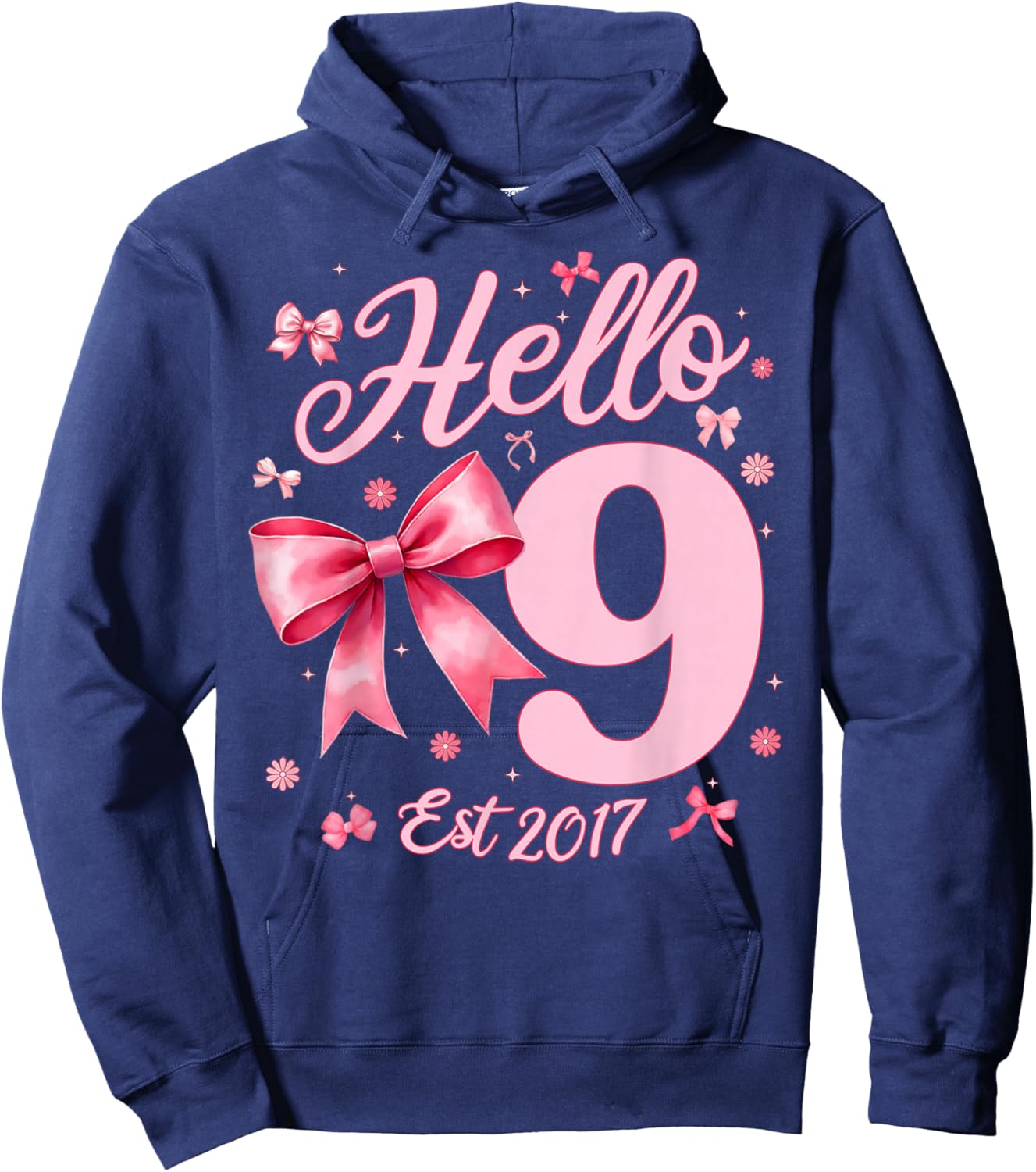 9th Birthday Girl Coquette Bow Hello Nine Est 2017 9 Yr Old Hoodie - Hoodie | Navy