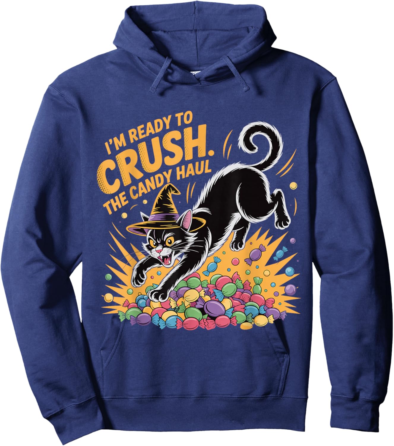 Crush The Candy Haul Funny Halloween Black Cat Hoodie - Hoodie | Navy