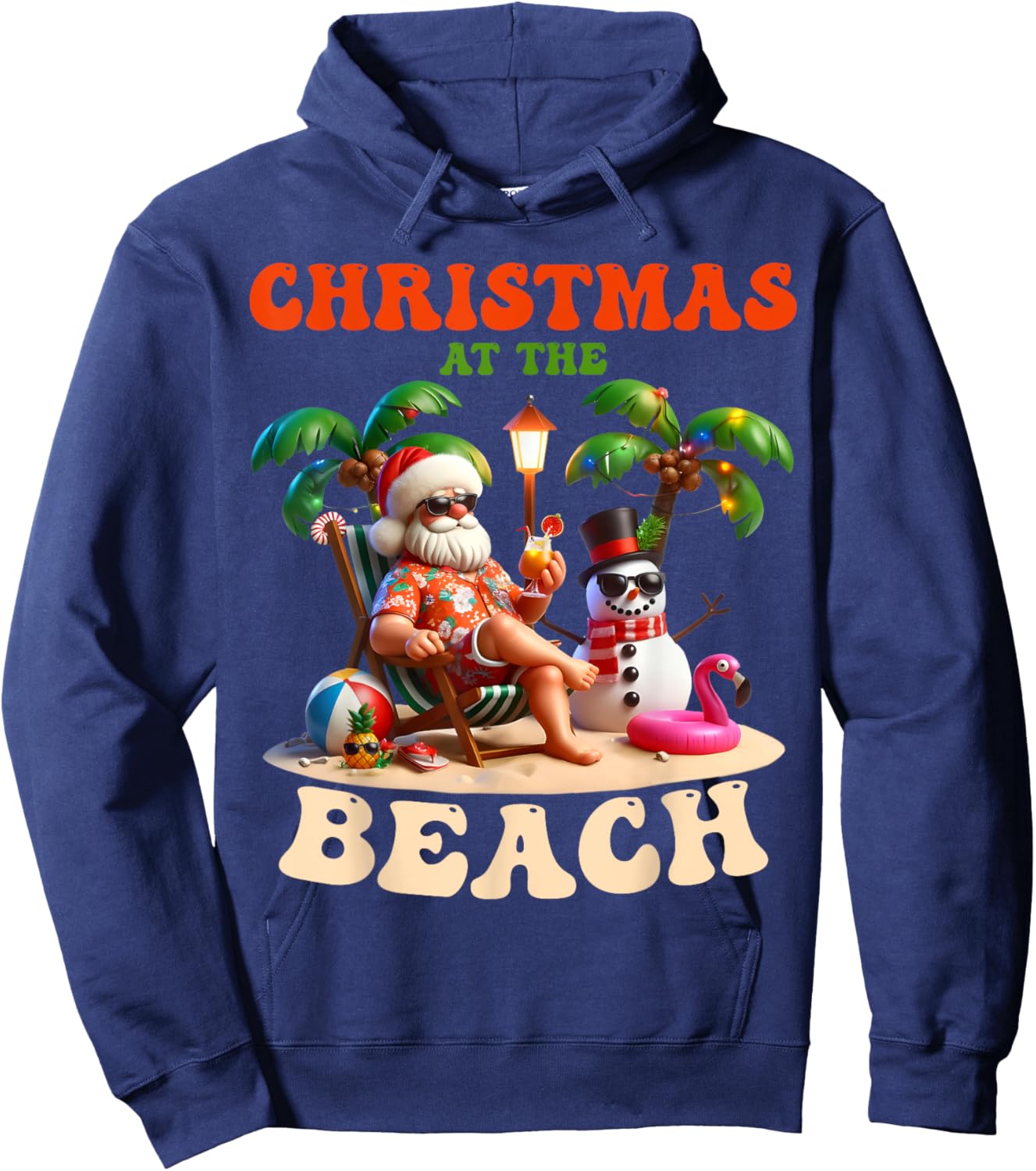Christmas At The Beach Xmas In July Snowman Flamingo Summer Hoodie - Hoodie | Navy