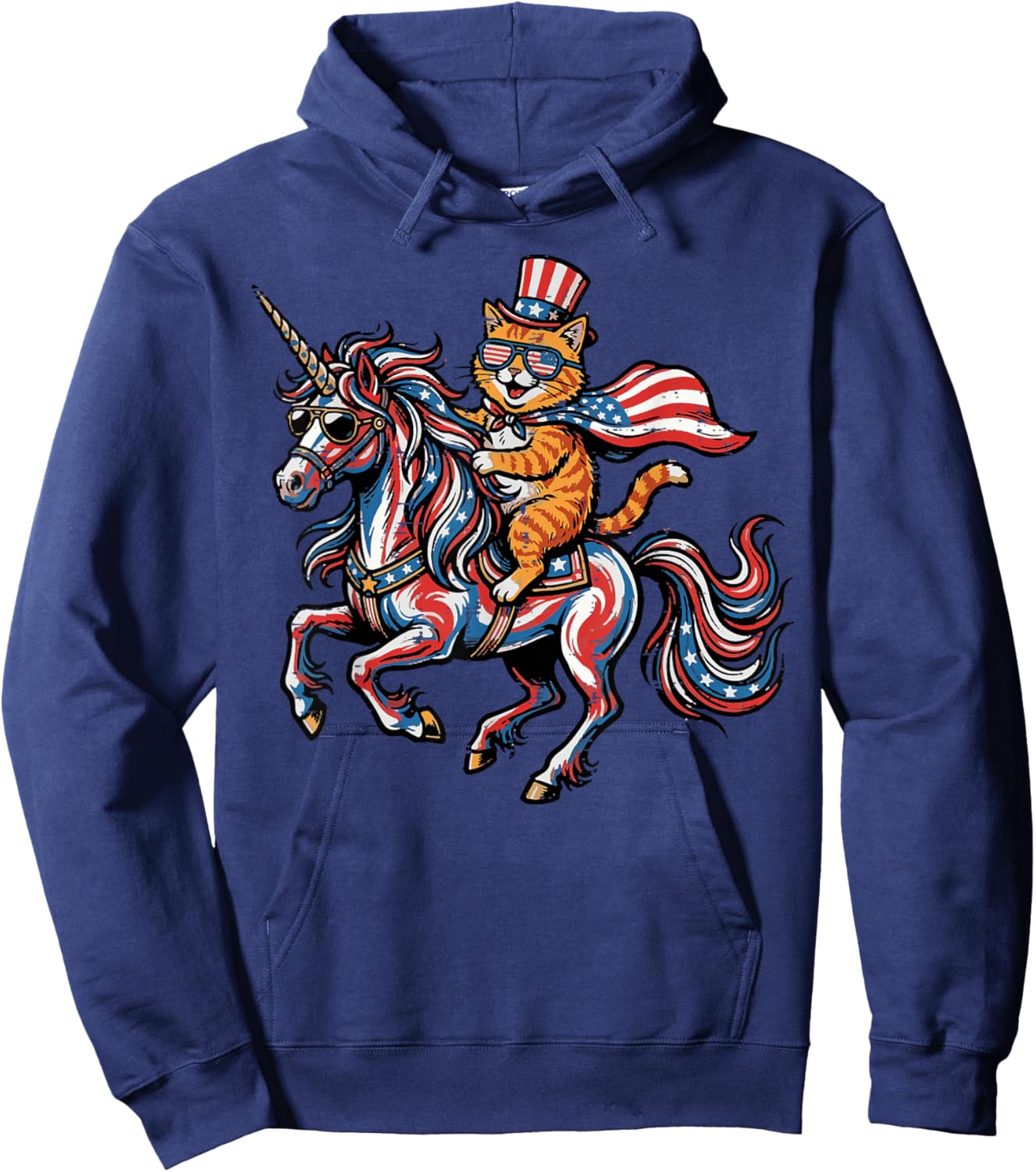 4th of July Cat On Unicorn US Flag Patriotic Women Girl Kids Hoodie - Hoodie | Navy