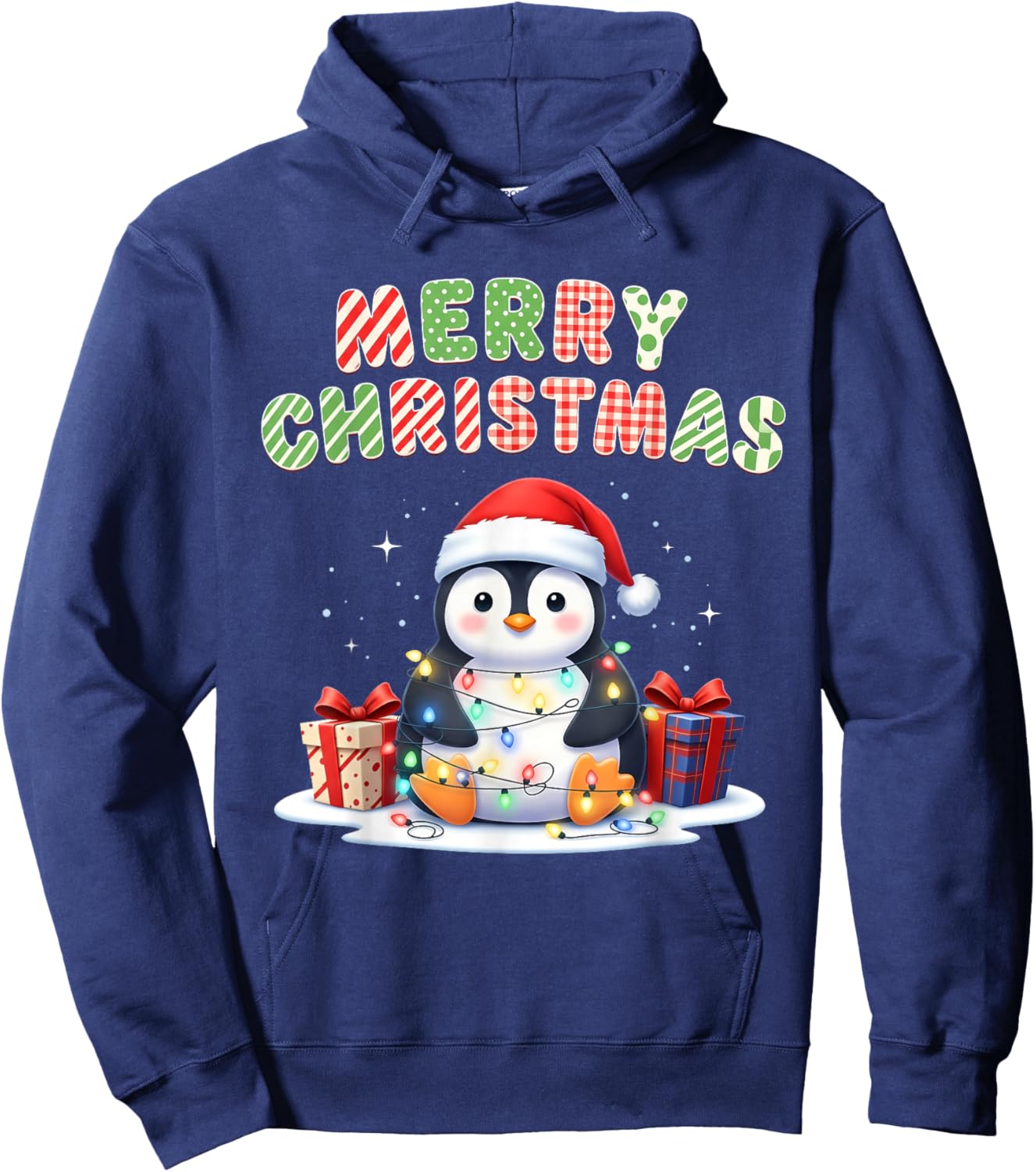 Cute Penguin Merry Christmas Lights Santa Family Pajama Xmas Hoodie - Hoodie | Navy