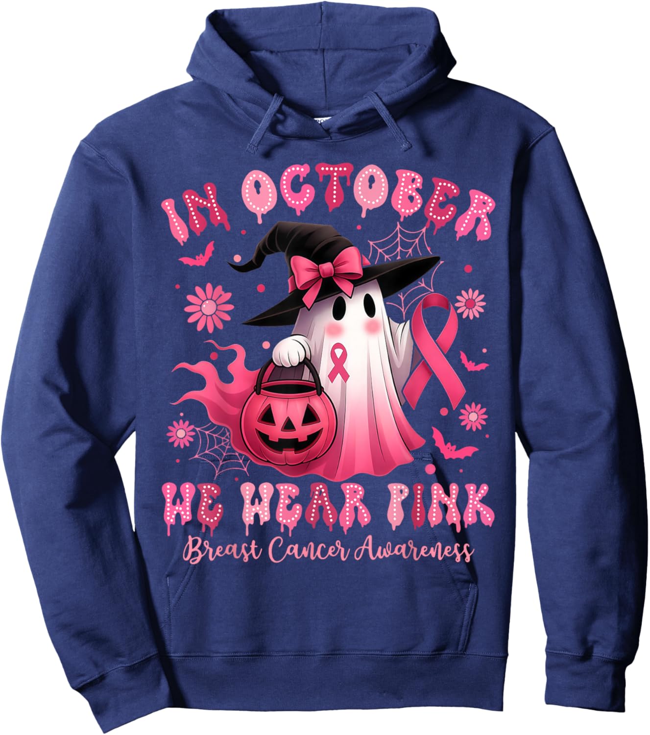 in October We Wear Pink Breast Cancer Awareness Halloween Hoodie - Hoodie | Navy