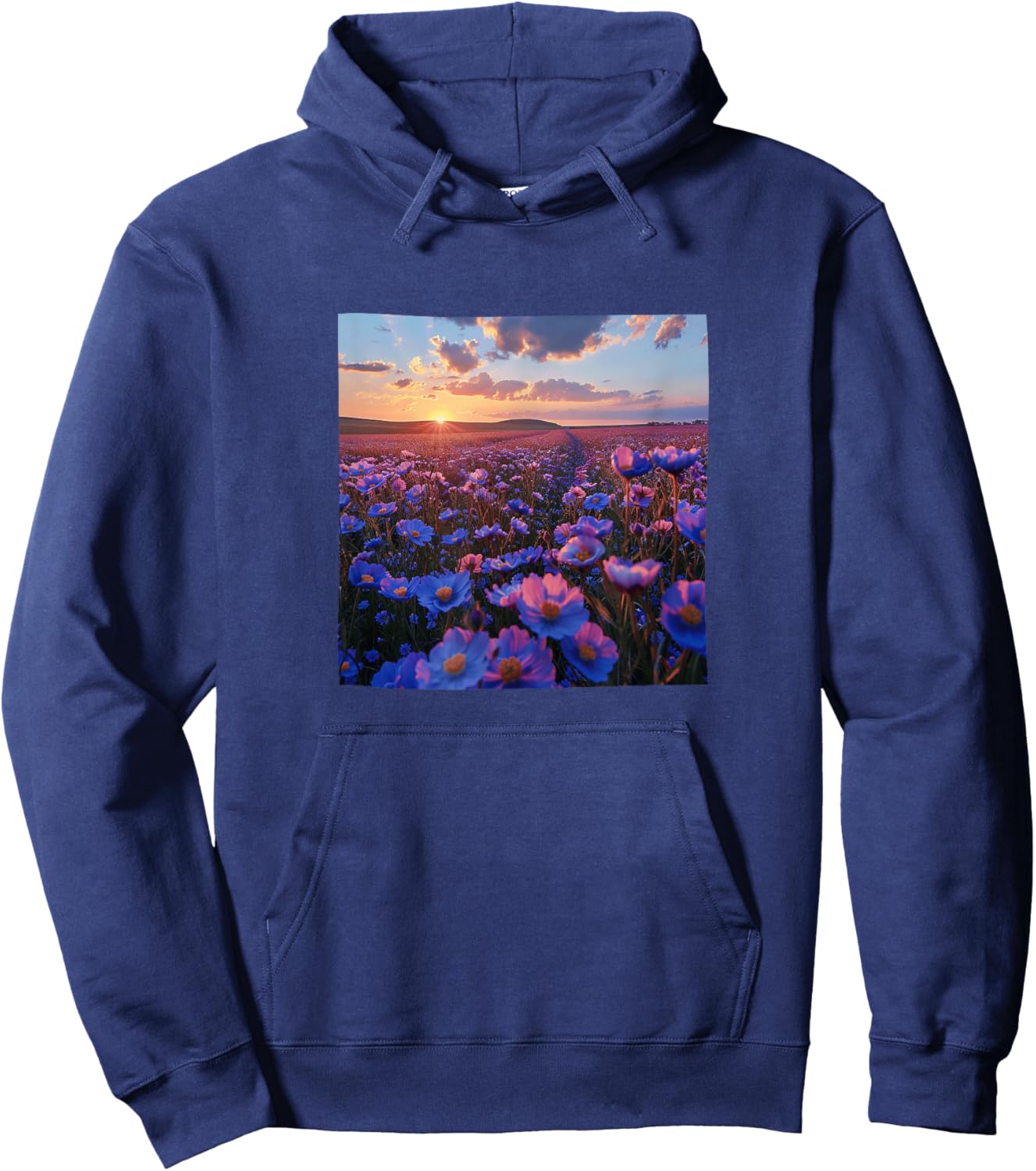 Periwinkle Flower Field Beautiful Sunset Graphic Hoodie - Hoodie | Navy