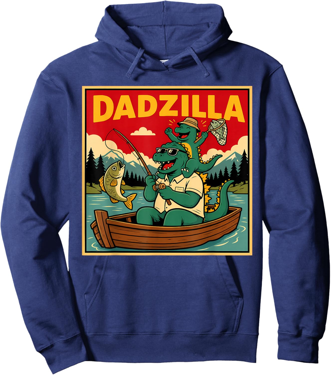 Dadzilla Fishing Dinosaur Father and Son Retro Hoodie - Hoodie | Navy