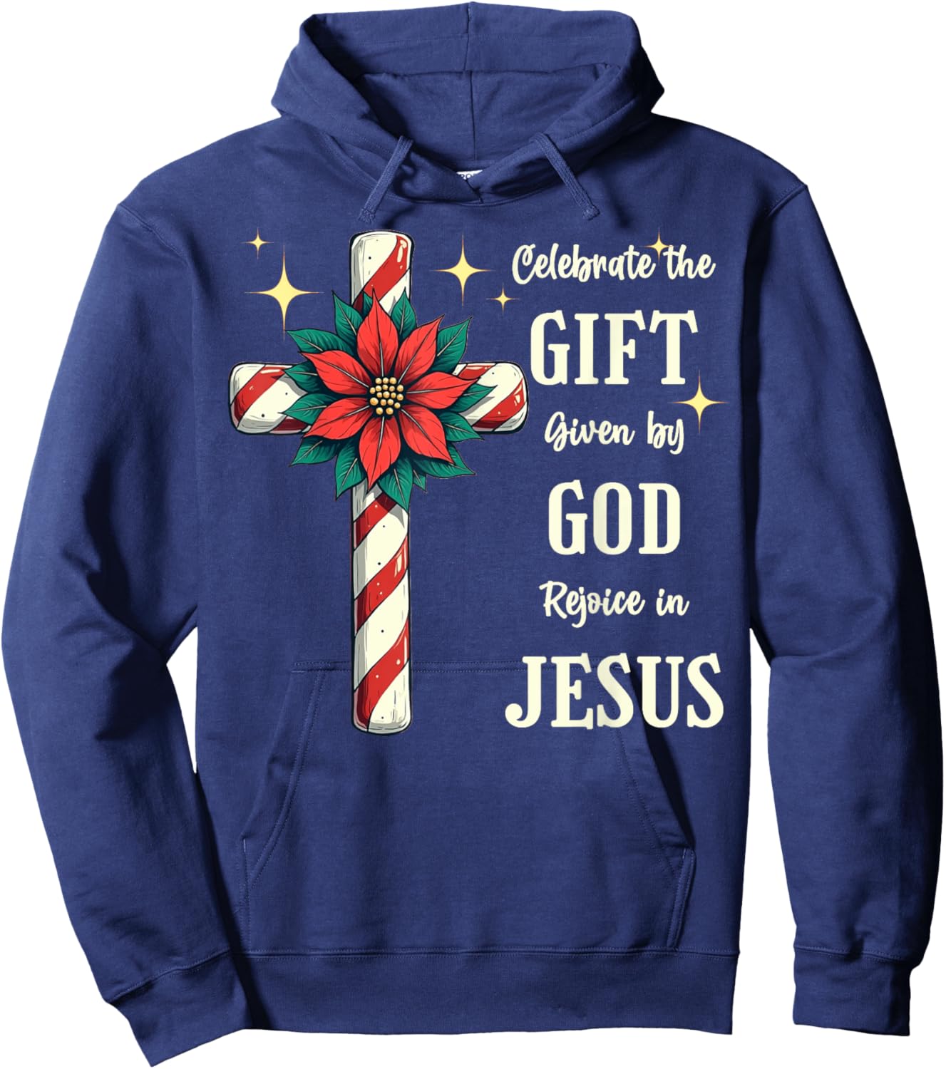Celebrate Jesus Birth Christian Christmas Candy Cane Cross Hoodie - Hoodie | Navy