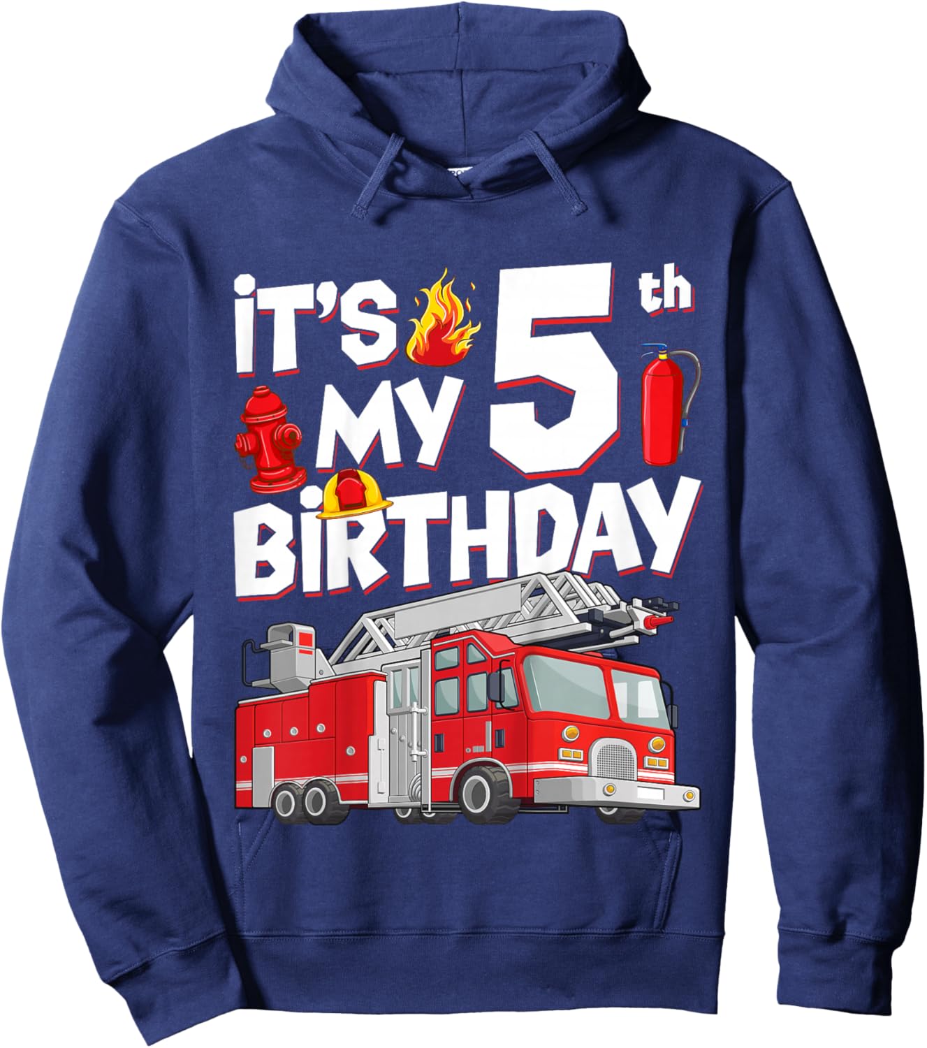 5th Birthday Boy Fire Truck 5 Years Old Toddler Firefighter Hoodie - Hoodie | Navy