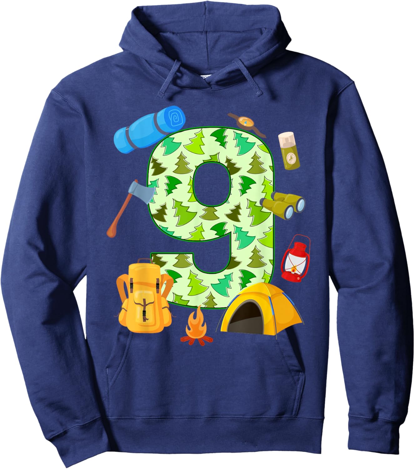 9th Birthday Camping Theme 9 Year Old Birthday Kids Hoodie - Hoodie | Navy