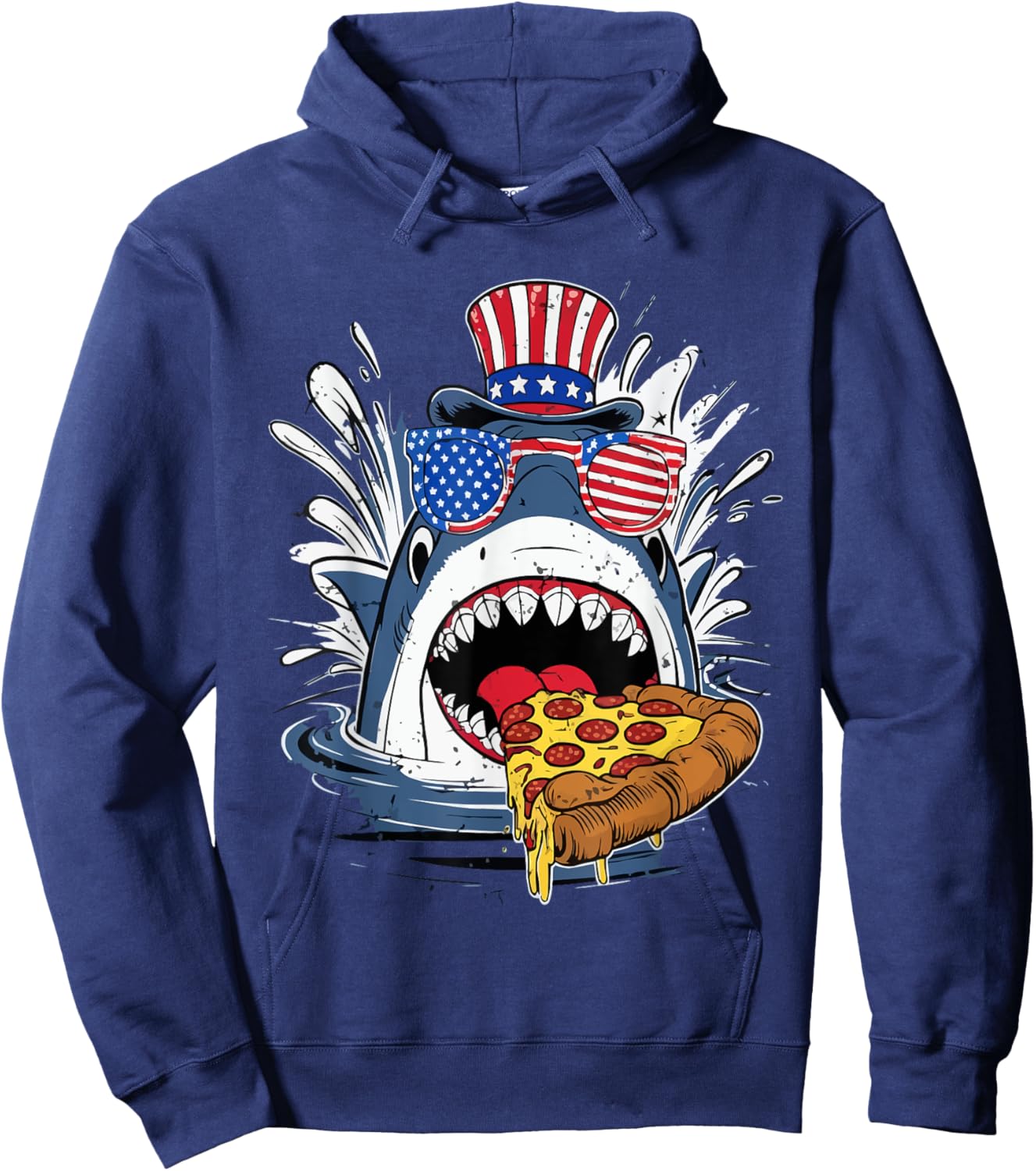 funny Shark Eating Pizza 4th of july shark glasses usa flag Kids Men Hoodie - Hoodie | Navy