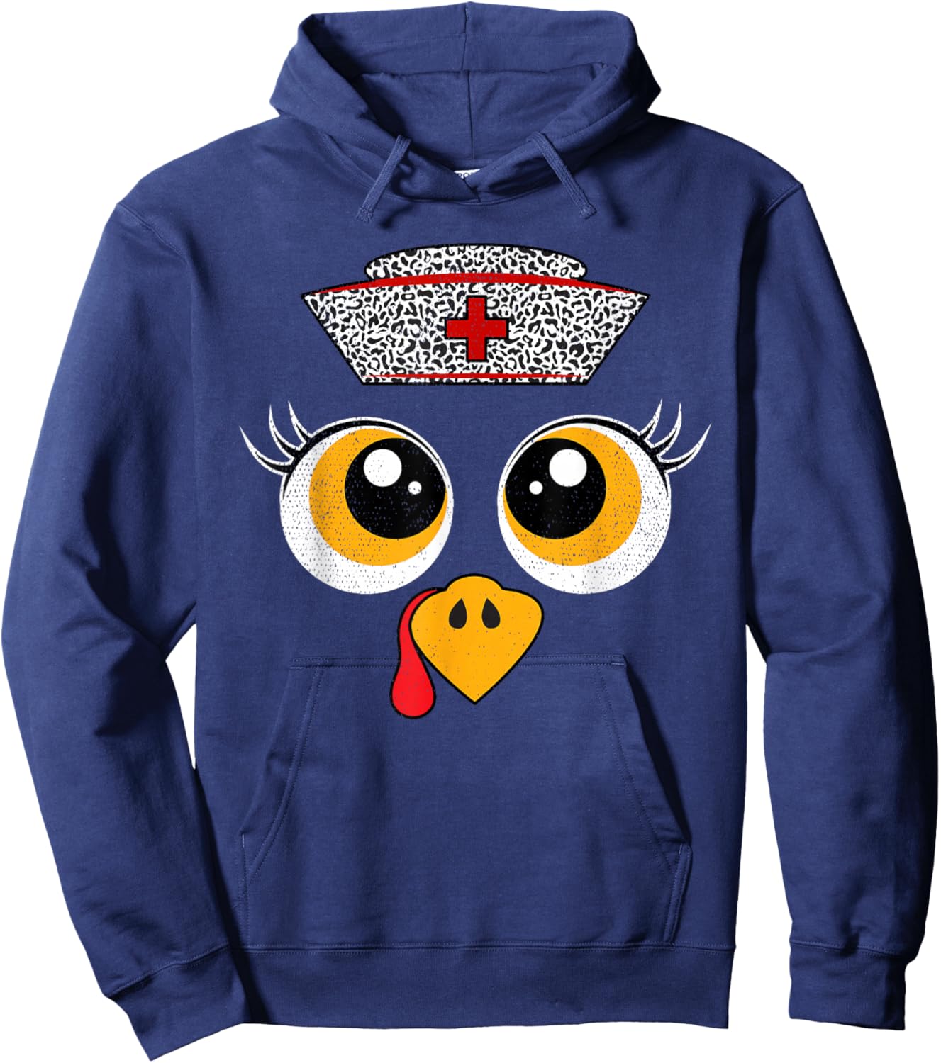 Thanksgiving Scrub Tops Women Turkey Face Nurse Holiday Hoodie - Hoodie | Navy