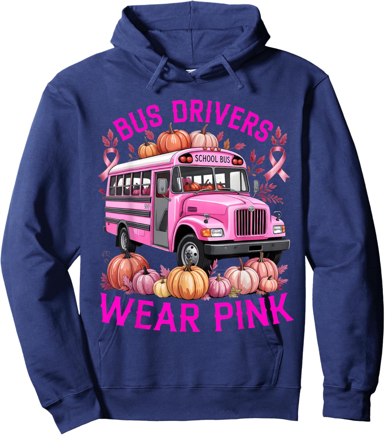 School Bus Driver Pink Ribbon Breast Cancer in October Hoodie - Hoodie | Navy