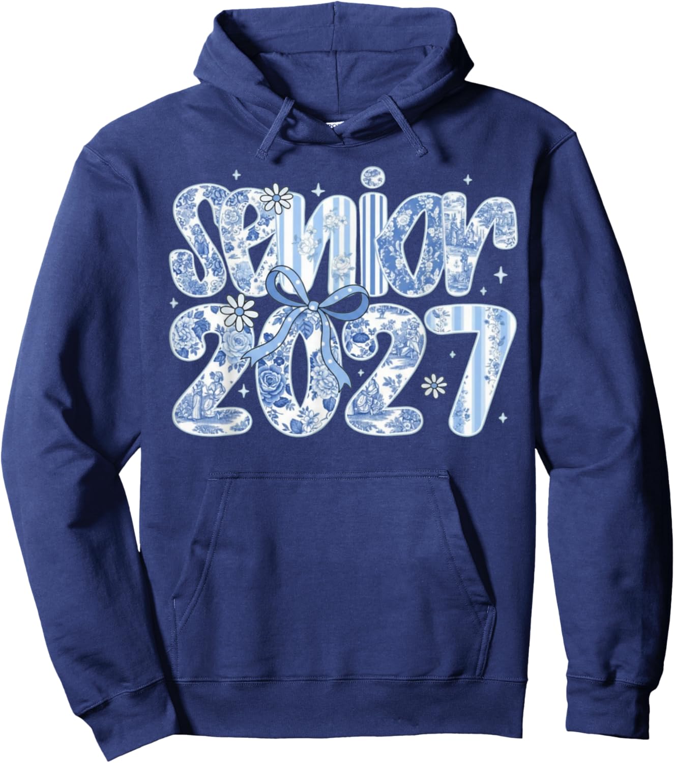 Senior 2027 Blue Toile Floral Coquette Bow Class of Hoodie - Hoodie | Navy
