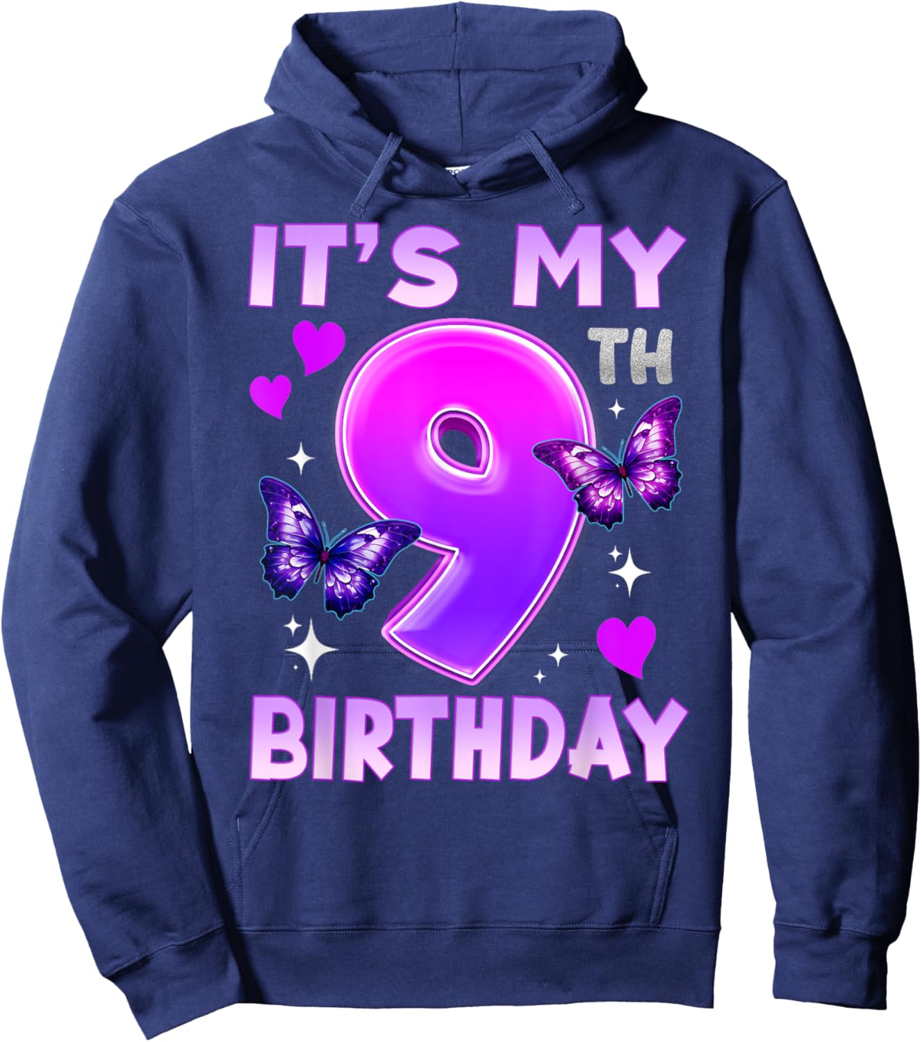 9th Birthday Butterfly Nine Bday 9 Year Old Birthday Girl Hoodie - Hoodie | Navy